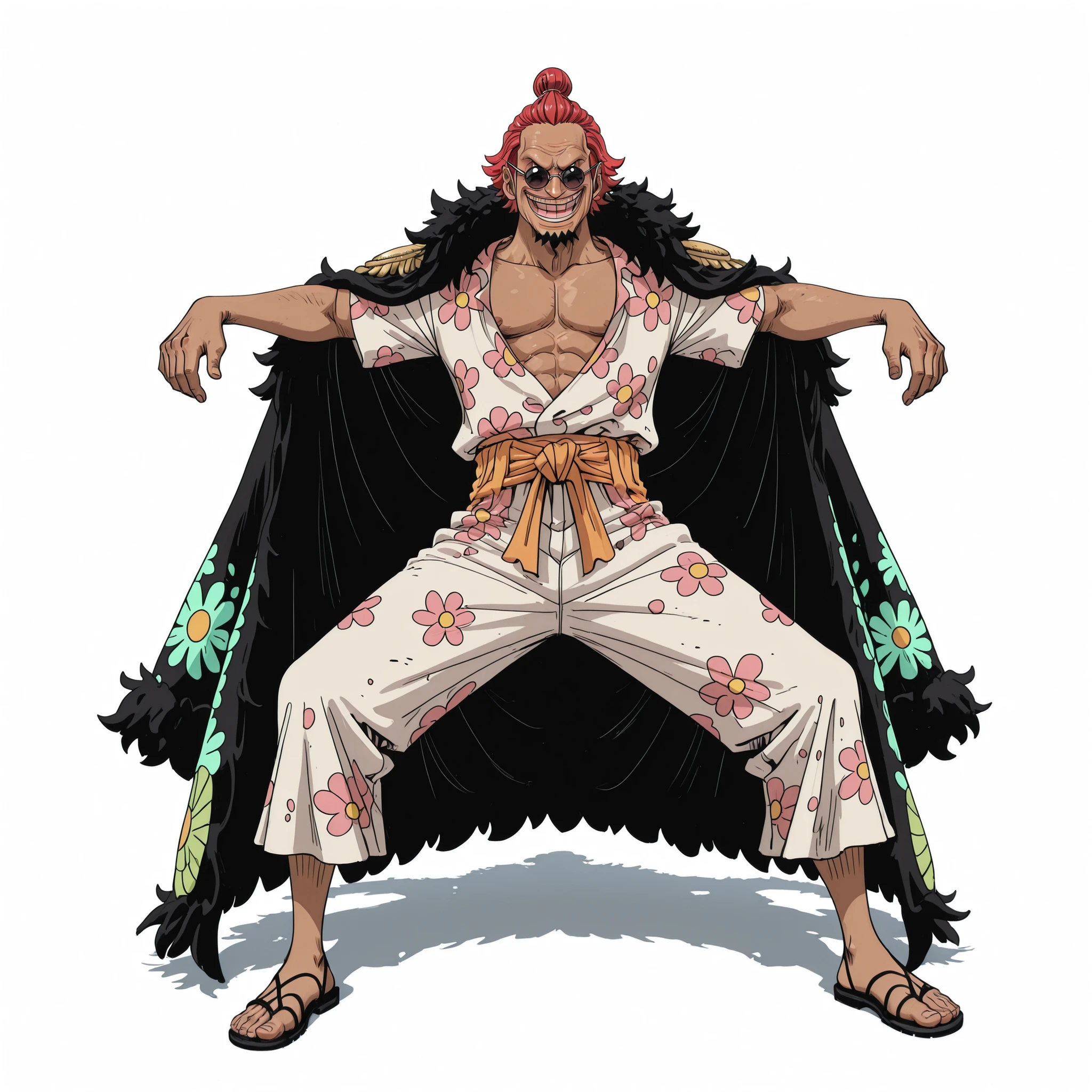 (male), (middle aged man, Slim body), (tall body), (dark skin), (short red hair), (thin mustache and goatee), (sharp eyes behind square sunglasses), (relaxed happy face), (solo), (single character), (full body version), (white background), (no background), (highly detailed), (shadow), (standing relaxed pose), (natural light), (detailed outfit), (detailed face), (detailed hair)
Wearing a casual colorful Hawaiian shirt with floral patterns, light casual shorts, open-toe sandals, long Jogger pants, and a plain long robe draped over his shoulders in a relaxed style. (One piece style art)