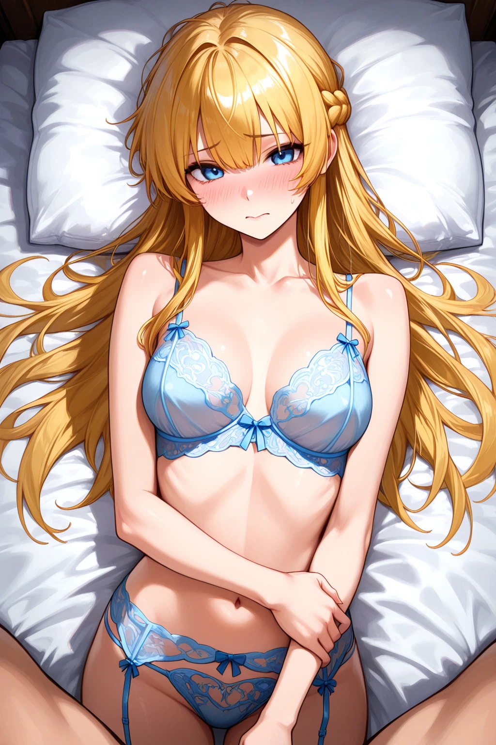 ((The Highest Quality、8K、))女性1人、Anime girl with blonde hair and red eyes、anime girl named lucy、Portrait of a female anime hero、female anime character、portrait knights of zodiac girl、Altria･Pendragon、Hajime Yatate、Symphogear、Giorno Giovanna、Cornelia from Code Geass、War Maiden Suvia、small  ???????　Luxurious dresses(drenched body:1.6)、Eyes of Detail、??????、bed room、illuminated、are showing through、(?????????????:1.3)、 (White ????????? only:1.6)、Stripes in the ?????? area、Visible through lingerie、??? on、????????????、legs visible、Seduction、(Sole Focus:1.6)、(M-shaped ???????????:1.8)、despise、kneehighs、total body、(laying on back:1.3)、View from the ceiling