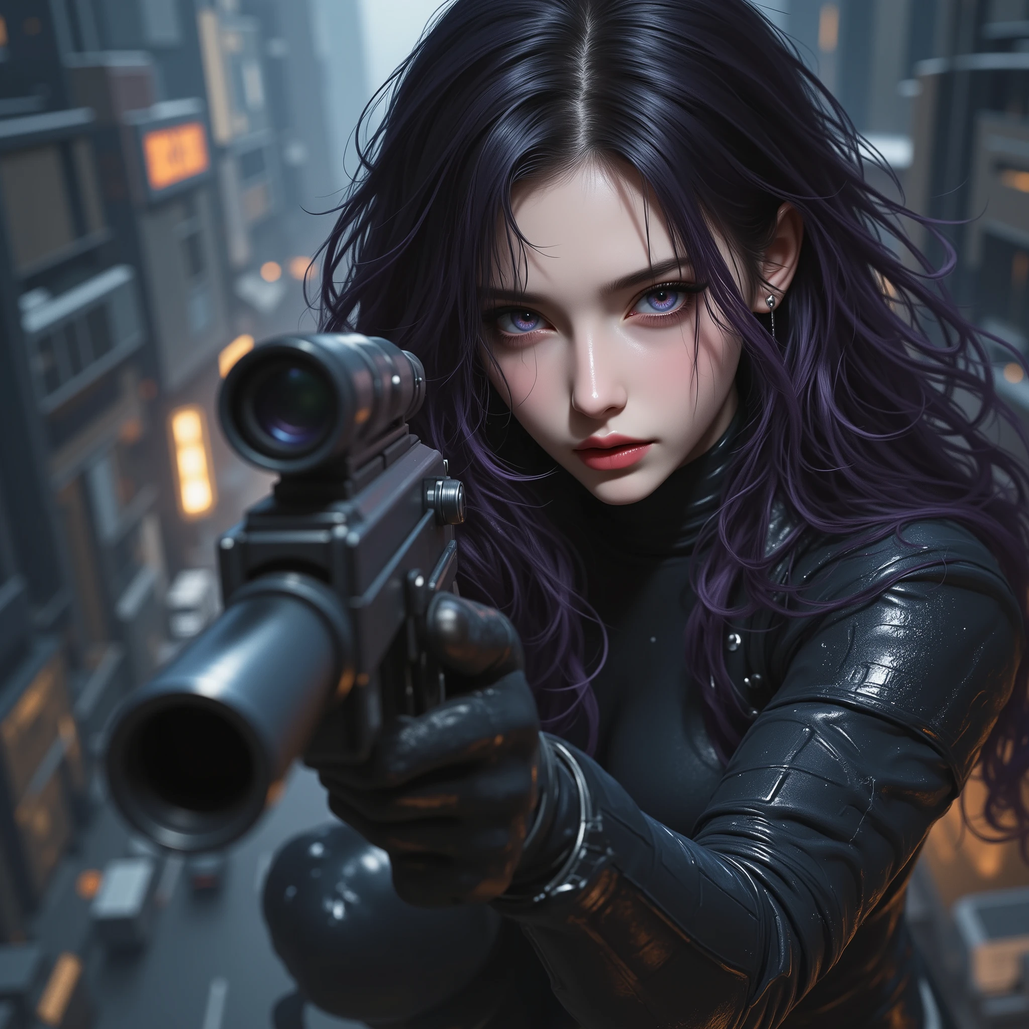 Photo Real、realistic skin texture、gun、extremely tight cyberpunk suit、beautiful long hair、dim cyberpunk city、Beautiful pale violet eyes、Black hair with slightly purple tips、高所から地面に着地してgunを向けて