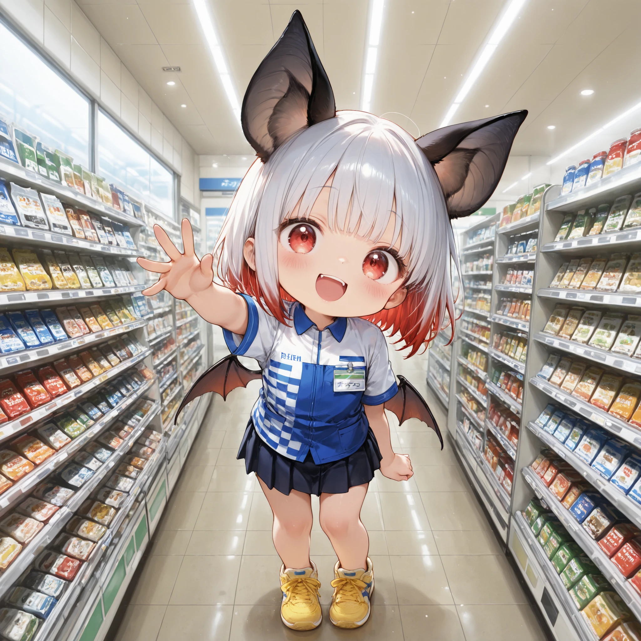chibi,,mesugaki,(1 person)、full body、2.5 heads tall、 Blood Red Item、laves floor、Fireball Light、black and red tones、Smoky Passage、Skeleton customer、Standing bat girl、black bat ears、bat wings on the back、red eyes、white bob hair、young face、(female kid smiling)、(looking at the camera)、Convenience Store Uniform、yellow sneakers、roll up the skirt、Focus on my daughter、Black Checkout Counter、masterpiece、Highest Quality、Ultra Detailed 、panties, famimaU, employee uniform,