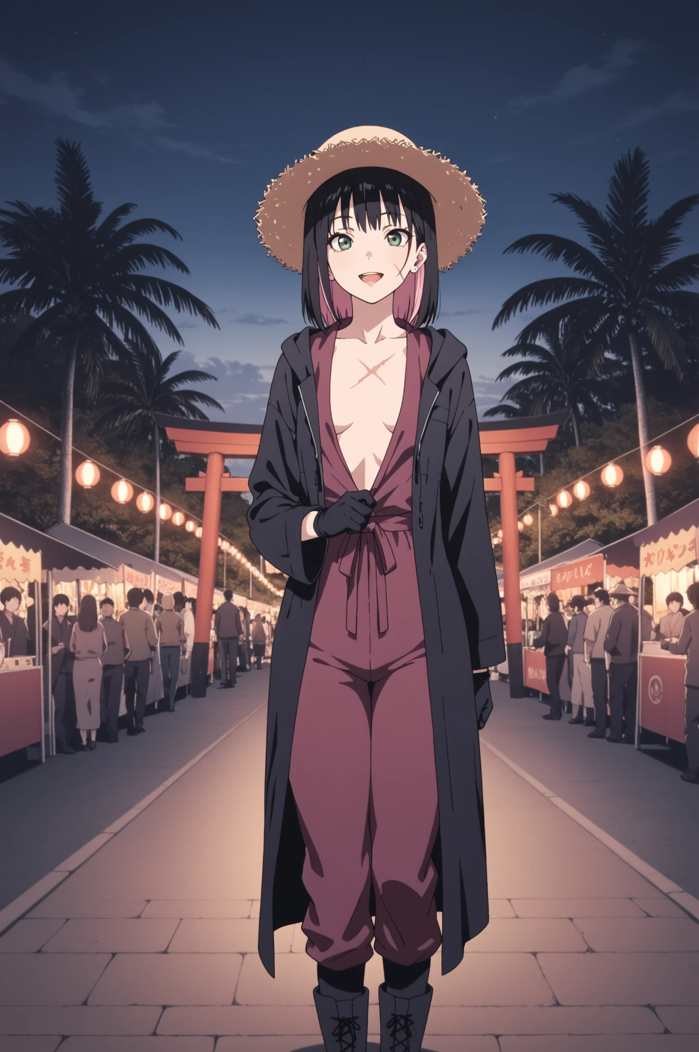 Sakura Haruno. small breasts, huge hips, pink hair, medium hair, light green eyes, thin lips, very fair skin, big forehead. | masterpiece, best quality, amazing quality, very aesthetic, high resolution, ultra-detailed, absurdres, newest, scar on face, hooded coat, gloves, boots, focus, hat, straw hat, open mouth, tree, smile, cloud, solo, palm tree, sky, :d, headgear BREAK, volumetric lighting, score_7_up, anime BREAK official art, solo, 1girl, Black hair, (chest length hair:1.2), Straight Hair, bangs, one tucked behind ear, black eyes, feature large highlight, feature double highlights, shaped eyeblow, natsumatsuri, outdoors, multiple femboys, tree, multiple girls, night, scenery, 6+femboys, festival, stalls, torii photo background, (masterpiece:1.3), best quality, high resolution, unity 8k wallpaper, extremely detailed CG, 8K, (watercolor \(medium\), muted color, sketch:1.1), perfect anatomy, highly finished, masterpiece, best quality, high quality, amazing quality, great quality, very aesthetic, ultra detailed, highres, absurdres, highly detailed, highly detailed background,