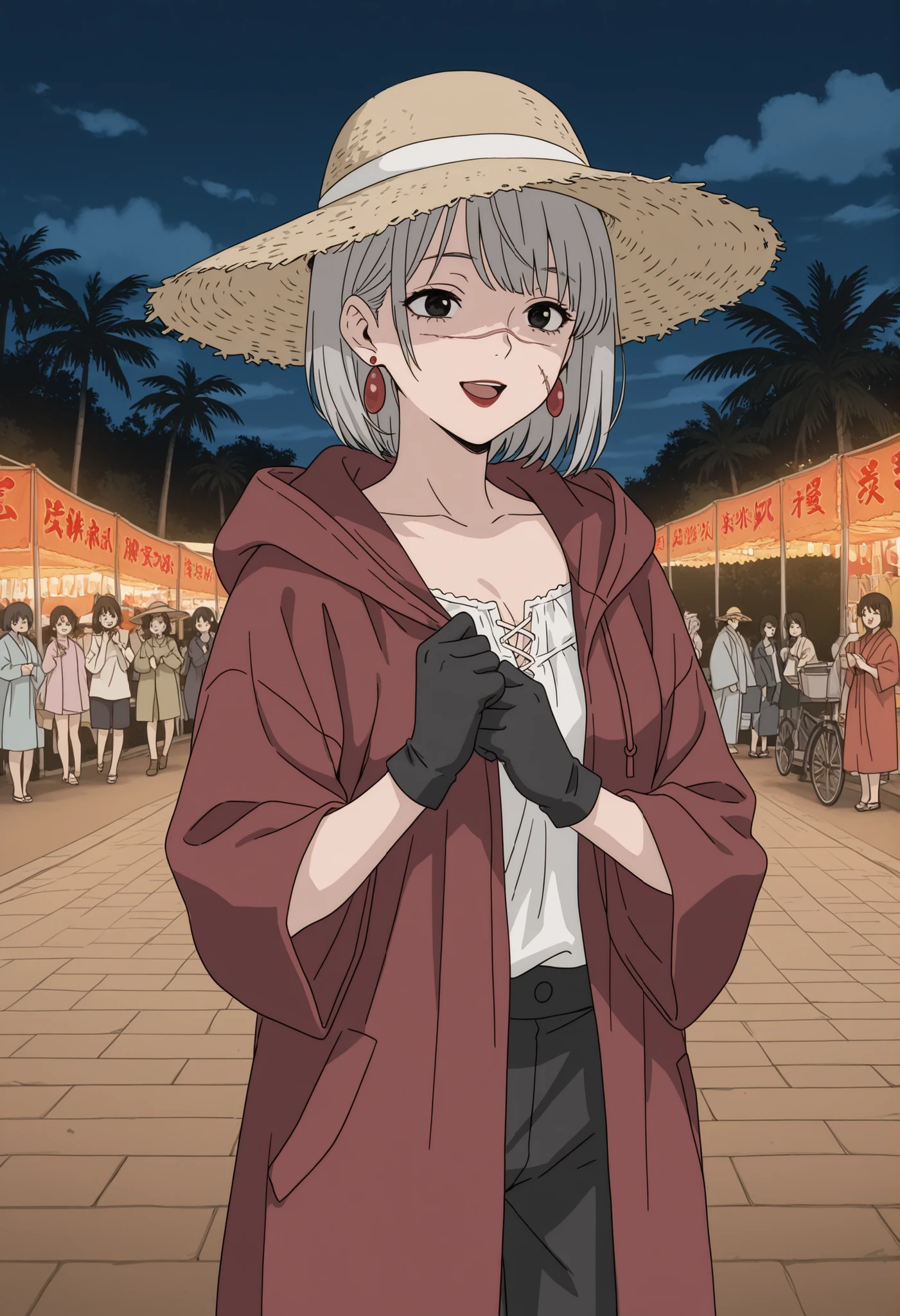 Grandma. gray hair, black eyes, short hair, dark red lips, wrinkles, earrings, makeup, small , } masterpiece, best quality, amazing quality, very aesthetic, high resolution, ultra-detailed, absurdres, newest, scar on face, hooded coat, gloves, boots, focus, hat, straw hat, open mouth, tree, smile, cloud, solo, palm tree, sky, :d, headgear BREAK, volumetric lighting, score_7_up, anime BREAK official art, solo, 1girl, ( length hair:1.2), Straight Hair, bangs, one tucked behind ear, black eyes, feature large highlight, feature double highlights, shaped eyeblow, natsumatsuri, outdoors, multiple femboys, tree, multiple girls, night, scenery, 6+femboys, festival, stalls, torii photo background, (masterpiece:1.3), best quality, high resolution, unity 8k wallpaper, extremely detailed CG, 8K, (watercolor \(medium\), muted color, sketch:1.1), perfect , highly finished, masterpiece, best quality, high quality, amazing quality, great quality, very aesthetic, ultra detailed, highres, absurdres, highly detailed, highly detailed background,