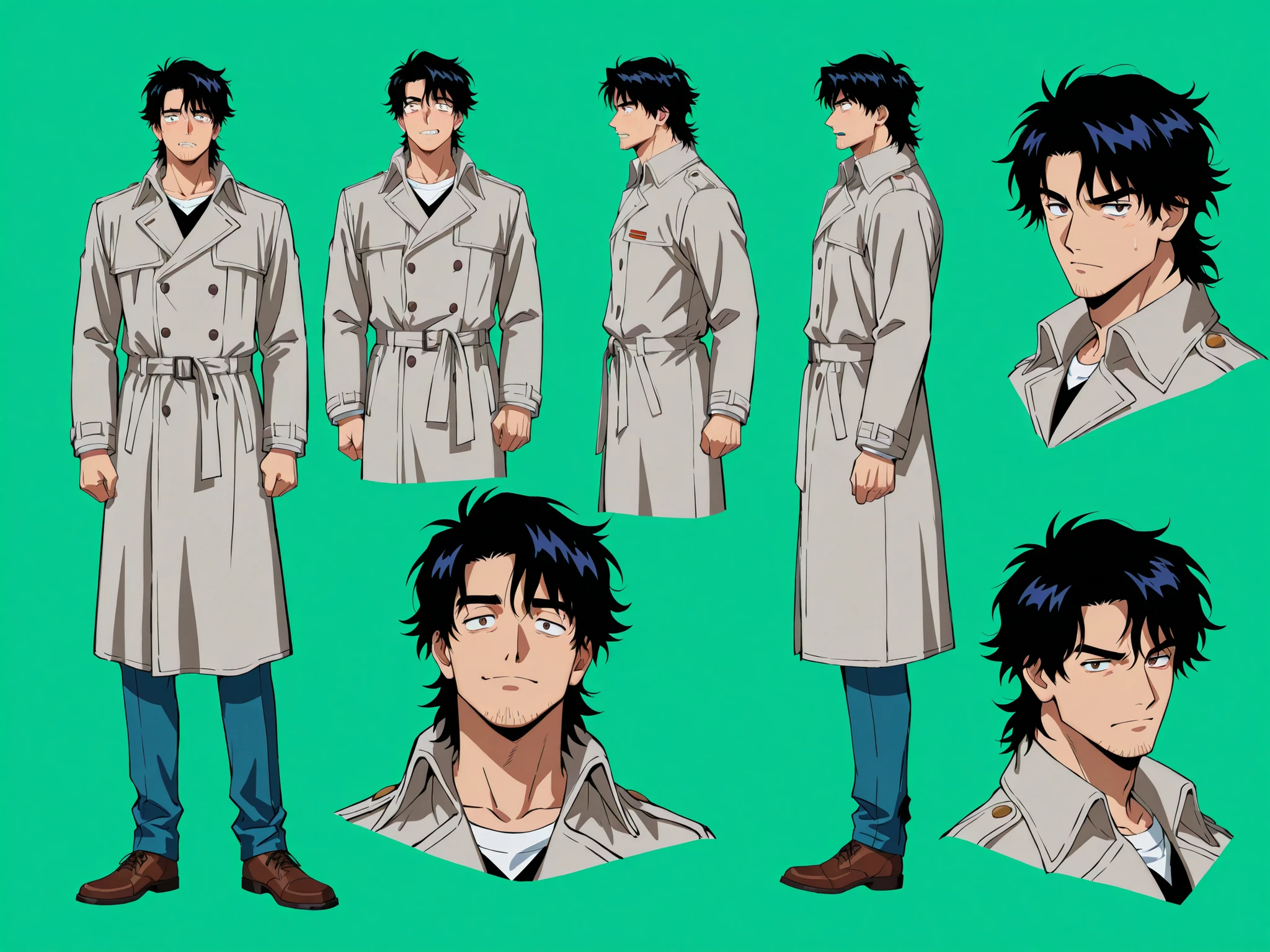 **Anime style**, **full-body character sheet** for a male NPC private detective named Shogo Kamibara, standing on a **solid green background**. He is tall and thin, 30 years old, with sharp, tired eyes and visible stubble. He has **black hair**. He wears a long, gray trench coat. **Intelligent** and composed expression. **Character design**, **game asset quality**.