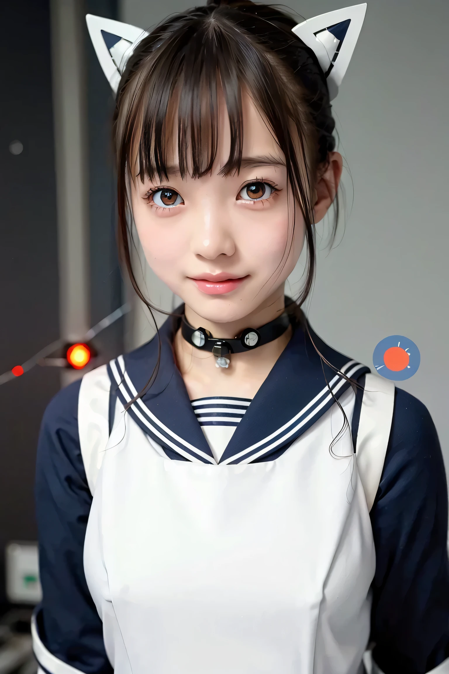 (face close-up)、(Draw only the face)、close up with a gentle expression、(Portrait of a Smiling Face)、(Highest Quality, And high-precision, masterpiece:1.2), (Sailor suit robot)、Working in Computer Labs、detail, realistic:1.37,( perfect anatomy),robot that remakes the uniform of a Japanese high school girl, Idle robot、sailor suit style robot , Polymer sailor suit、黒い髪, metal necklace ,metal hair accessory, sailor suit cyber suit cyber costume 、 ( futuristic, sparkling white with navy blue collar ,cyborg suit like a white sailor suit .:1.3),Red Ribbons、( Precise electronic circuit inside the main body :1.43),beautiful idol woman 、Staring Down at Viewers、(sailor suit fusion:1.1),Lots of tubes,(セクシーなIdle robot :1.1),big eyes,(glowing eyes:1.3),beautiful skin,Smile Yang、 short hair 、Beautiful Lips、Metal accessories, big eyes,black short hair、(the background is cyberlab:1.2)、room with computers lined up、Precision machinery lined up、