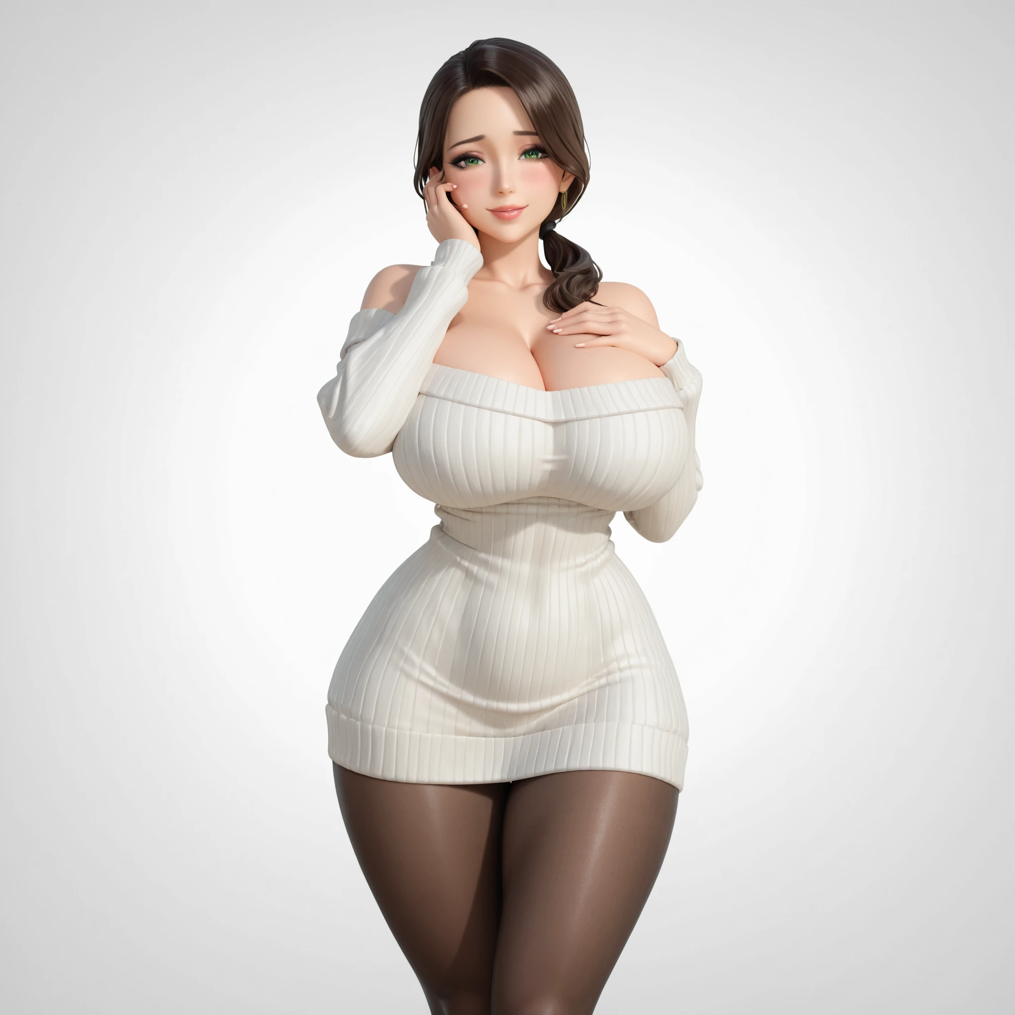 masterpiece, ultra-HD, impressionism, high detail, best quality, very aesthetic, 8K, best quality, beautiful, ultra-high resolution, 32K UHD, sharp focus, 3D, 1woman, solo, mature woman, housewife, long dark brown hair, low ponytail, green eyes, eyelashes, makeup, black eyeliner, full lips, huge breasts, narrow waist, wide hips, thick thighs, shapely legs, slim, white ribbed baggy off-shoulder sweater dress, sweater dress, cleavage, black pantyhose, blushed, smile, shy, cute, hand on cheek, hand over chest, standing, looking at the viewer, simple background, front view