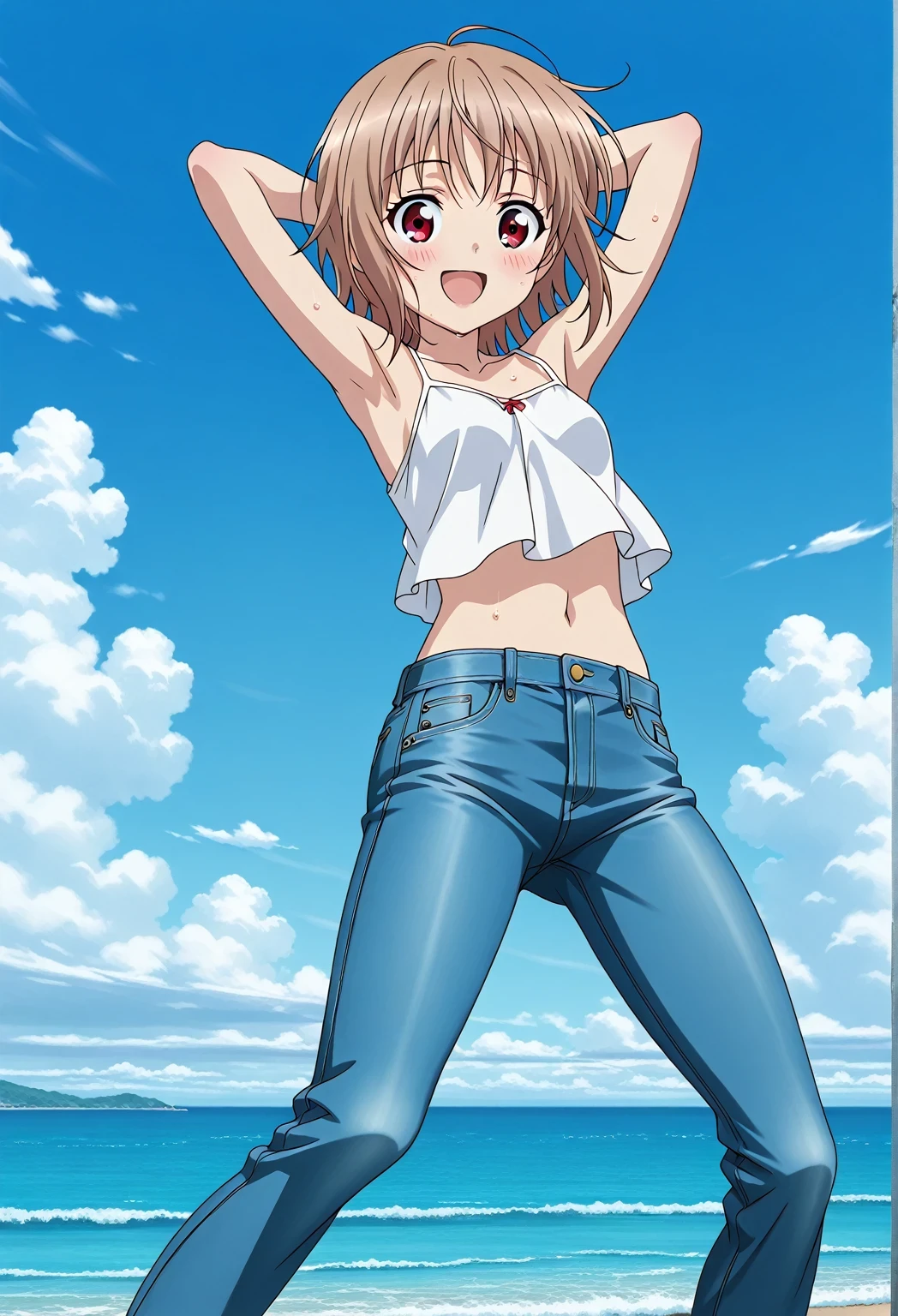 score_9, score_8_up, score_7_up, source_anime, highres, hi res, ((best quality, top quality, perfect quality, Highest Quality, amazing quality)), {{masterpiece}}, {{an extremely delicate and beautiful}}, 2d, intricate details, official style, anime, 8k, anime style, official_anime, official art, digital painting, cell shading, soft shading, high resolution, soothing tones, Subdued Color, Soft cinematic light, adobe lightroom, photolab, HDR, intricately and hyper-detailed, ((high quality animation)), 1 girl, Alone, solo, ((ocean)), tsunami, on the water, day, sunny, outdoors, sky, windy, AtraM1xt, short hair, brown hair, red eyes, anime screencap, small breasts, white camisole top, crop top, white crop top, best quality, hyper-detailed jeans, ((blue jeans:1.9)), (dark blue jeans:0.6), full medium body, medium shot, Open mouth, smiling, happy face, blush, sweat, standing, ((arms behind head:6.0)), bowlegged, jumping pose, action, looking at viewer, spread legs, Bend knees slightly, straight-on front view