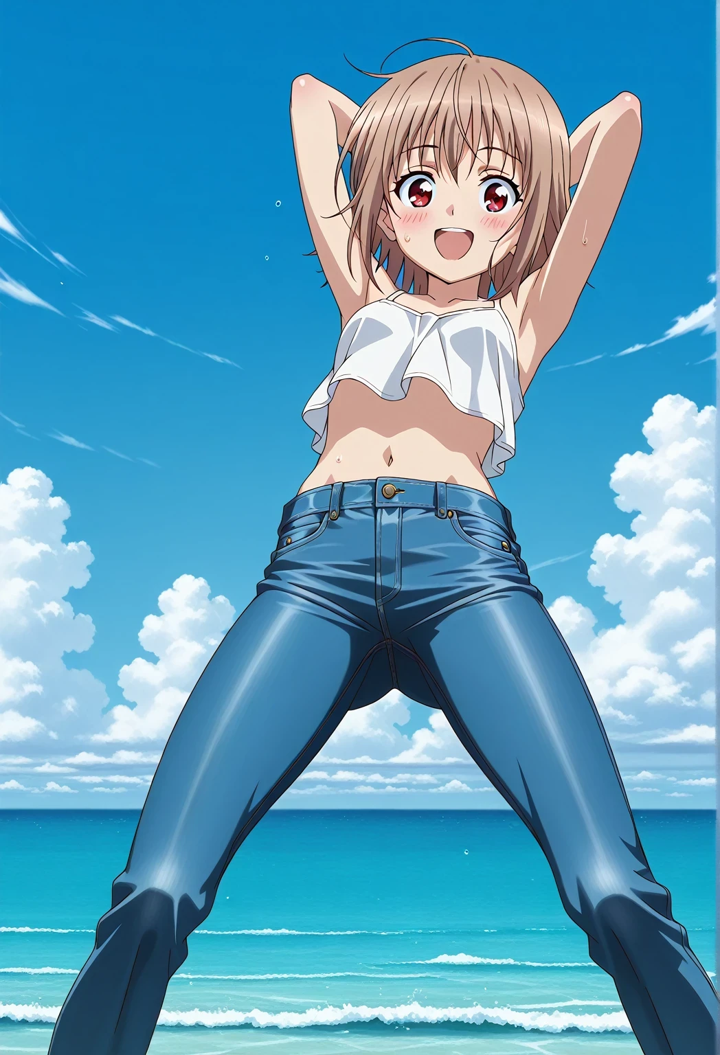 score_9, score_8_up, score_7_up, source_anime, highres, hi res, ((best quality, top quality, perfect quality, Highest Quality, amazing quality)), {{masterpiece}}, {{an extremely delicate and beautiful}}, 2d, intricate details, official style, anime, 8k, anime style, official_anime, official art, digital painting, cell shading, soft shading, high resolution, soothing tones, Subdued Color, Soft cinematic light, adobe lightroom, photolab, HDR, intricately and hyper-detailed, ((high quality animation)), 1 girl, Alone, solo, ((ocean)), tsunami, on the water, day, sunny, outdoors, sky, windy, AtraM1xt, short hair, brown hair, red eyes, anime screencap, small breasts, white camisole top, crop top, white crop top, best quality, hyper-detailed jeans, ((blue jeans:1.9)), (dark blue jeans:0.6), full medium body, medium shot, Open mouth, smiling, happy face, blush, sweat, standing, ((arms behind head:6.0)), bowlegged, jumping pose, action, looking at viewer, spread legs, Bend knees slightly, straight-on front view