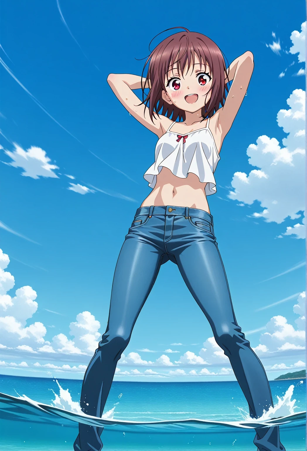 score_9, score_8_up, score_7_up, source_anime, highres, hi res, ((best quality, top quality, perfect quality, Highest Quality, amazing quality)), {{masterpiece}}, {{an extremely delicate and beautiful}}, 2d, intricate details, official style, anime, 8k, anime style, official_anime, official art, digital painting, cell shading, soft shading, high resolution, soothing tones, Subdued Color, Soft cinematic light, adobe lightroom, photolab, HDR, intricately and hyper-detailed, ((high quality animation)), 1 girl, Alone, solo, ((ocean)), tsunami, on the water, day, sunny, outdoors, sky, windy, AtraM1xt, short hair, brown hair, red eyes, anime screencap, small breasts, white camisole top, crop top, white crop top, best quality, hyper-detailed jeans, ((blue jeans:1.9)), (dark blue jeans:0.6), full medium body, medium shot, Open mouth, smiling, happy face, blush, sweat, standing, ((arms behind head:6.0)), bowlegged, jumping pose, action, looking at viewer, spread legs, Bend knees slightly, straight-on front view