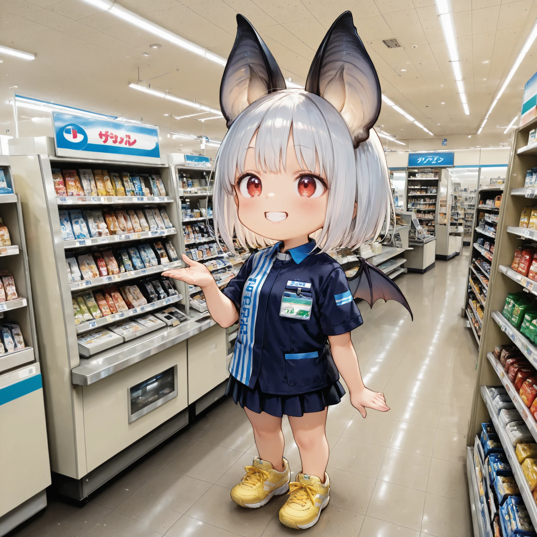 chibi,,mesugaki,(1 person)、full body、2.5 heads tall、 Bat Girl Standing at a Convenience Store in Hell、black bat ears、bat wings on the back、red eyes、white bob hair、young face、grin、Convenience Store Uniform、yellow sneakers、roll up the skirt、Focus on my daughter、masterpiece、Highest Quality、Ultra Detailed 、famimaU, employee uniform, famima, scenery, indoors, japan, shop, ceiling, cashier, monitor, realistic, photo (medium), photo background