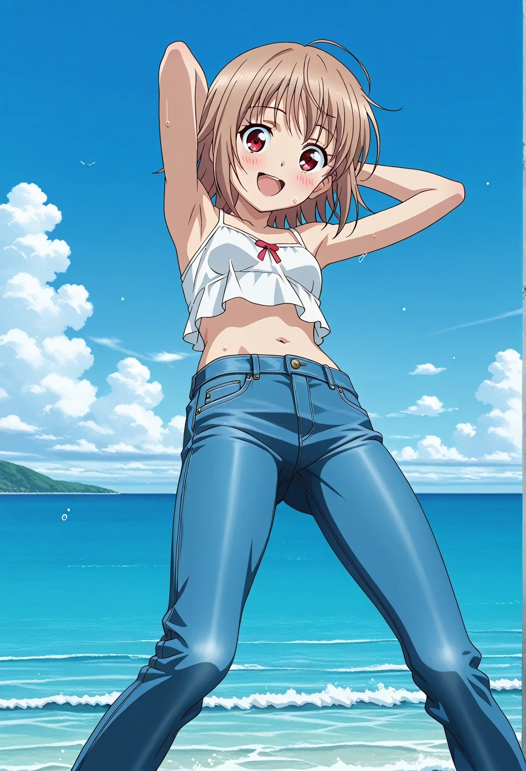 score_9, score_8_up, score_7_up, source_anime, highres, hi res, ((best quality, top quality, perfect quality, Highest Quality, amazing quality)), {{masterpiece}}, {{an extremely delicate and beautiful}}, 2d, intricate details, official style, anime, 8k, anime style, official_anime, official art, digital painting, cell shading, soft shading, high resolution, soothing tones, Subdued Color, Soft cinematic light, adobe lightroom, photolab, HDR, intricately and hyper-detailed, ((high quality animation)), 1 girl, Alone, solo, ((ocean)), tsunami, on the water, day, sunny, outdoors, sky, windy, AtraM1xt, short hair, brown hair, red eyes, anime screencap, small breasts, white camisole top, crop top, white crop top, best quality, hyper-detailed jeans, ((blue jeans:1.9)), (dark blue jeans:0.6), full medium body, medium shot, Open mouth, smiling, happy face, blush, sweat, standing, ((arms behind head:6.0)), bowlegged, jumping pose, action, looking at viewer, spread legs, Bend knees slightly, straight-on front view