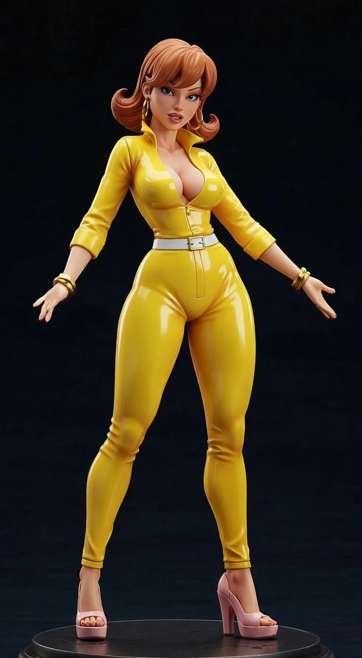 April O'neil wearing a yellow , short wet messy brown hair, brown eyes, 8k, ((full-body)), cleavage, (best quality:1.2), detailed face, smooth soft skin, big dreamy eyes, beautiful intricate coloured hair, symmetrical, anime wide eyes, soft lighting, concept art, full body portrait, yellow heels, shoes visible, cowboy shot, face view,  view, puffy , no background