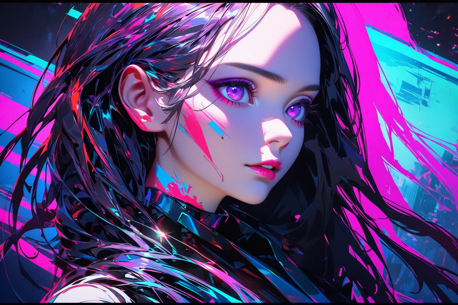 a woman in a black dress with neon lights on the body, light wave girl portrait, Beautiful digital artwork, Detailed 4K digital art, gorgeous digital art, obra de Artedigital 4K, colorful glow, just kidding, colorful digital fantasy art, beautiful gorgeous digital art, Artedigital 4K, Artedigital 4K, neon digital art, cyberpunk art style