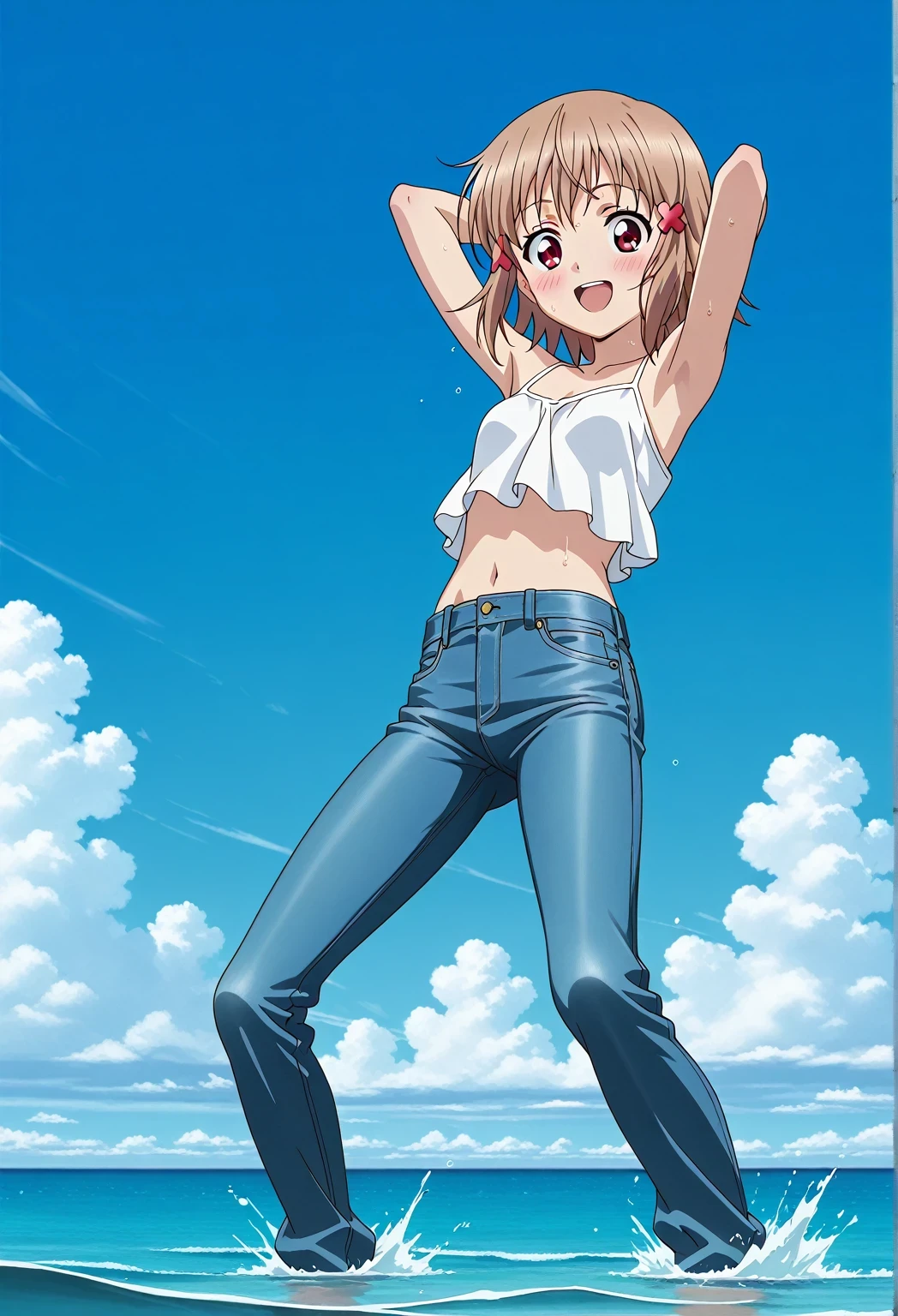 score_9, score_8_up, score_7_up, source_anime, highres, hi res, ((best quality, top quality, perfect quality, Highest Quality, amazing quality)), {{masterpiece}}, {{an extremely delicate and beautiful}}, 2d, intricate details, official style, anime, 8k, anime style, official_anime, official art, digital painting, cell shading, soft shading, high resolution, soothing tones, Subdued Color, Soft cinematic light, adobe lightroom, photolab, HDR, intricately and hyper-detailed, ((high quality animation)), 1 girl, Alone, solo, ((ocean)), tsunami, on the water, day, sunny, outdoors, sky, windy, AtraM1xt, short hair, brown hair, red eyes, anime screencap, small breasts, white camisole top, crop top, white crop top, best quality, hyper-detailed jeans, ((blue jeans:1.9)), (dark blue jeans:0.6), full medium body, medium shot, Open mouth, smiling, happy face, blush, sweat, standing, ((arms behind head:6.0)), bowlegged, jumping pose, action, looking at viewer, spread legs, Bend knees slightly, straight-on front view