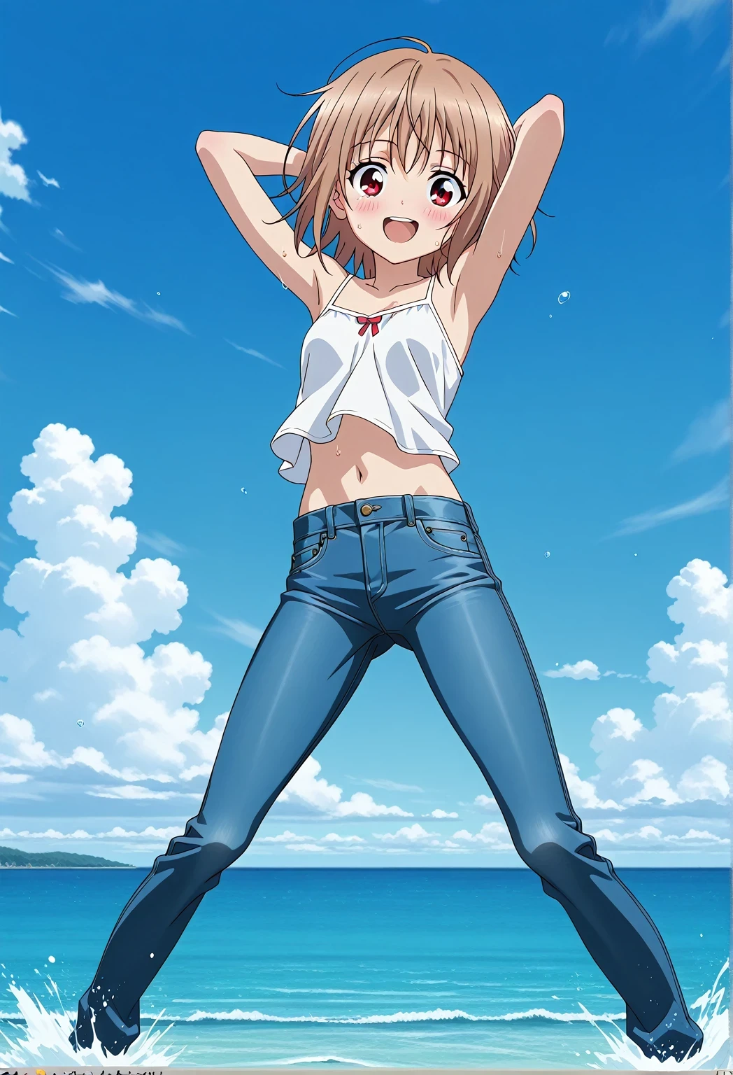 score_9, score_8_up, score_7_up, source_anime, highres, hi res, ((best quality, top quality, perfect quality, Highest Quality, amazing quality)), {{masterpiece}}, {{an extremely delicate and beautiful}}, 2d, intricate details, official style, anime, 8k, anime style, official_anime, official art, digital painting, cell shading, soft shading, high resolution, soothing tones, Subdued Color, Soft cinematic light, adobe lightroom, photolab, HDR, intricately and hyper-detailed, ((high quality animation)), 1 girl, Alone, solo, ((ocean)), tsunami, on the water, day, sunny, outdoors, sky, windy, AtraM1xt, short hair, brown hair, red eyes, anime screencap, small breasts, white camisole top, crop top, white crop top, best quality, hyper-detailed jeans, ((blue jeans:1.9)), (dark blue jeans:0.6), full medium body, medium shot, Open mouth, smiling, happy face, blush, sweat, standing, ((arms behind head:6.0)), bowlegged, jumping pose, action, looking at viewer, spread legs, Bend knees slightly, straight-on front view