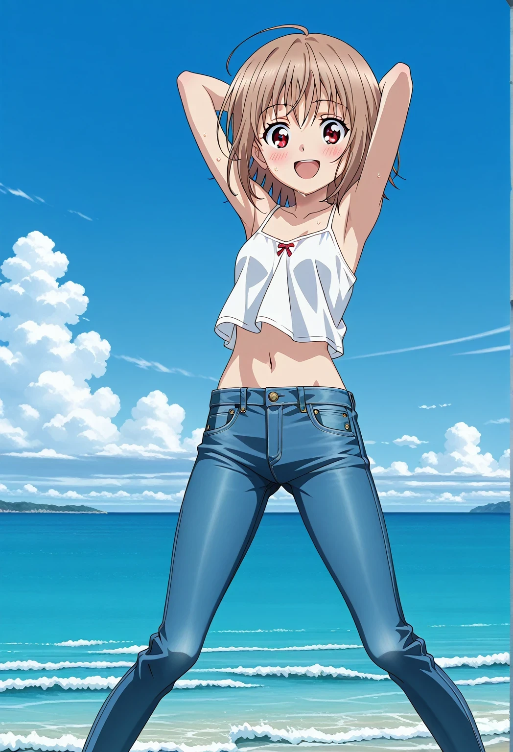score_9, score_8_up, score_7_up, source_anime, highres, hi res, ((best quality, top quality, perfect quality, Highest Quality, amazing quality)), {{masterpiece}}, {{an extremely delicate and beautiful}}, 2d, intricate details, official style, anime, 8k, anime style, official_anime, official art, digital painting, cell shading, soft shading, high resolution, soothing tones, Subdued Color, Soft cinematic light, adobe lightroom, photolab, HDR, intricately and hyper-detailed, ((high quality animation)), 1 girl, Alone, solo, ((ocean)), tsunami, on the water, day, sunny, outdoors, sky, windy, AtraM1xt, short hair, brown hair, red eyes, anime screencap, small breasts, white camisole top, crop top, white crop top, best quality, hyper-detailed jeans, ((blue jeans:1.9)), (dark blue jeans:0.6), full medium body, medium shot, Open mouth, smiling, happy face, blush, sweat, standing, ((arms behind head:6.0)), bowlegged, jumping pose, action, looking at viewer, spread legs, Bend knees slightly, straight-on front view