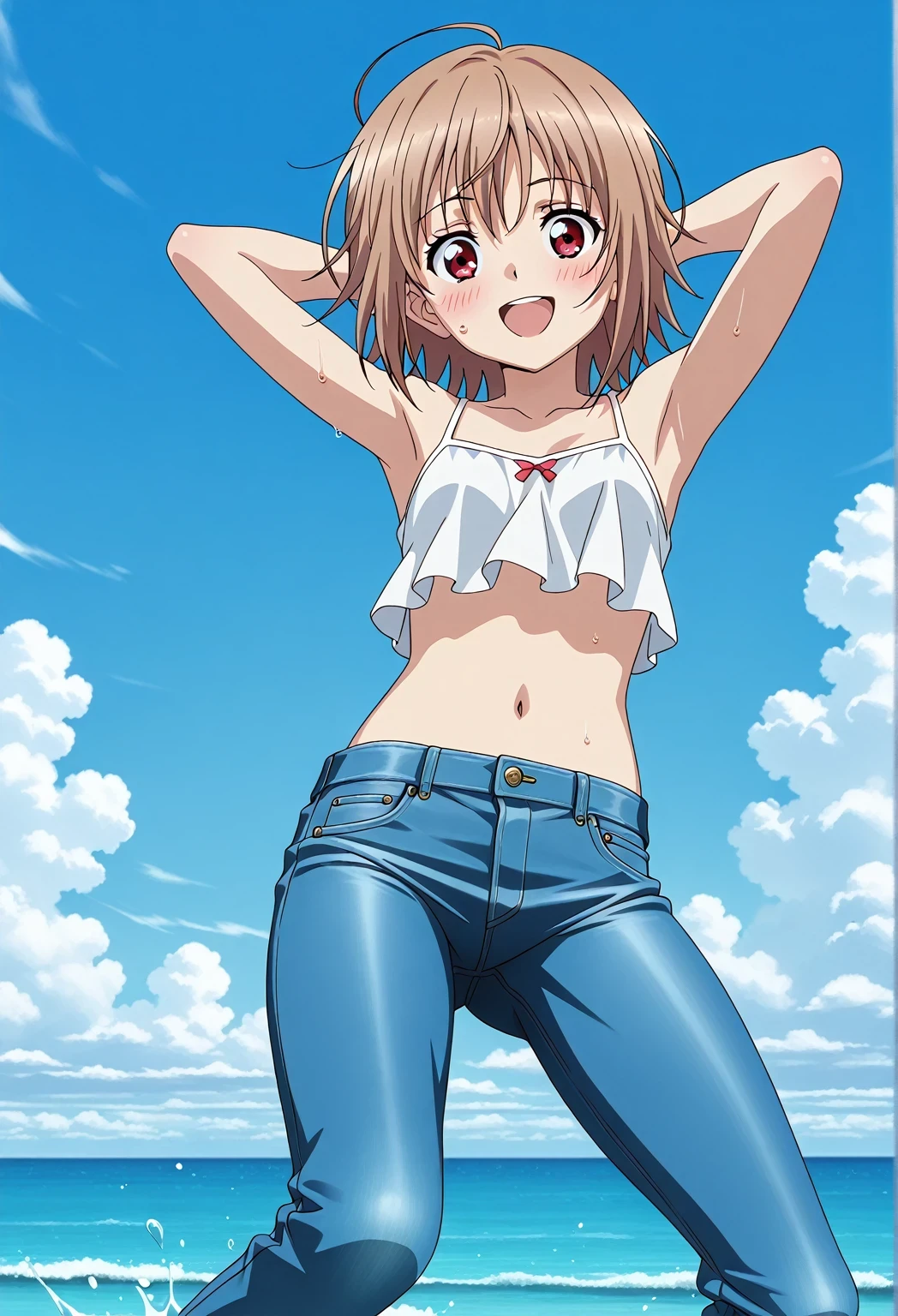 score_9, score_8_up, score_7_up, source_anime, highres, hi res, ((best quality, top quality, perfect quality, Highest Quality, amazing quality)), {{masterpiece}}, {{an extremely delicate and beautiful}}, 2d, intricate details, official style, anime, 8k, anime style, official_anime, official art, digital painting, cell shading, soft shading, high resolution, soothing tones, Subdued Color, Soft cinematic light, adobe lightroom, photolab, HDR, intricately and hyper-detailed, ((high quality animation)), 1 girl, Alone, solo, ((ocean)), tsunami, on the water, day, sunny, outdoors, sky, windy, AtraM1xt, short hair, brown hair, red eyes, anime screencap, small breasts, white camisole top, crop top, white crop top, best quality, hyper-detailed jeans, ((blue jeans:1.9)), (dark blue jeans:0.6), full medium body, medium shot, Open mouth, smiling, happy face, blush, sweat, standing, ((arms behind head:6.0)), bowlegged, jumping pose, action, looking at viewer, spread legs, Bend knees slightly, straight-on front view