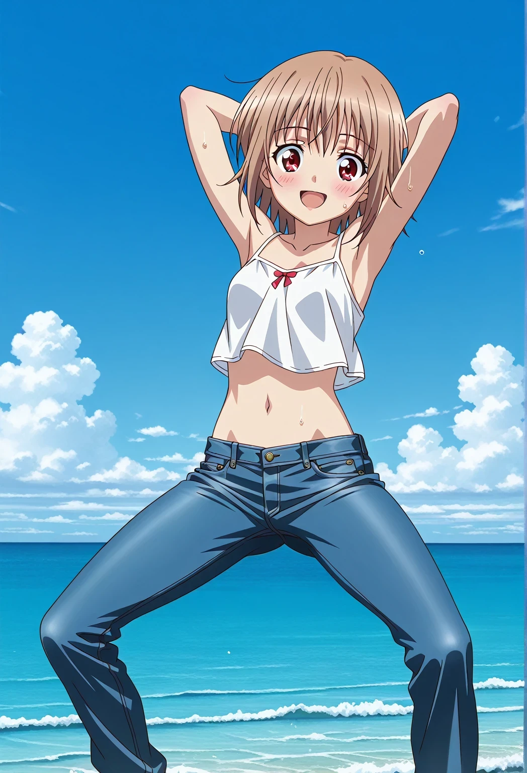 score_9, score_8_up, score_7_up, source_anime, highres, hi res, ((best quality, top quality, perfect quality, Highest Quality, amazing quality)), {{masterpiece}}, {{an extremely delicate and beautiful}}, 2d, intricate details, official style, anime, 8k, anime style, official_anime, official art, digital painting, cell shading, soft shading, high resolution, soothing tones, Subdued Color, Soft cinematic light, adobe lightroom, photolab, HDR, intricately and hyper-detailed, ((high quality animation)), 1 girl, Alone, solo, ((ocean)), tsunami, on the water, day, sunny, outdoors, sky, windy, AtraM1xt, short hair, brown hair, red eyes, anime screencap, small breasts, white camisole top, crop top, white crop top, best quality, hyper-detailed jeans, ((blue jeans:1.9)), (dark blue jeans:0.6), full medium body, medium shot, Open mouth, smiling, happy face, blush, sweat, standing, ((arms behind head:6.0)), bowlegged, jumping pose, action, looking at viewer, spread legs, Bend knees slightly, straight-on front view
