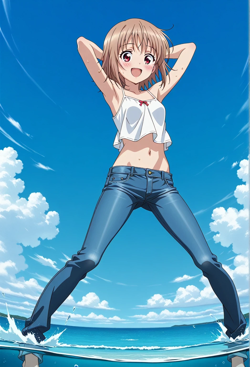 score_9, score_8_up, score_7_up, source_anime, highres, hi res, ((best quality, top quality, perfect quality, Highest Quality, amazing quality)), {{masterpiece}}, {{an extremely delicate and beautiful}}, 2d, intricate details, official style, anime, 8k, anime style, official_anime, official art, digital painting, cell shading, soft shading, high resolution, soothing tones, Subdued Color, Soft cinematic light, adobe lightroom, photolab, HDR, intricately and hyper-detailed, ((high quality animation)), 1 girl, Alone, solo, ((ocean)), tsunami, on the water, day, sunny, outdoors, sky, windy, AtraM1xt, short hair, brown hair, red eyes, anime screencap, small breasts, white camisole top, crop top, white crop top, best quality, hyper-detailed jeans, ((blue jeans:1.9)), (dark blue jeans:0.6), full medium body, medium shot, Open mouth, smiling, happy face, blush, sweat, standing, ((arms behind head:6.0)), bowlegged, jumping pose, action, looking at viewer, spread legs, Bend knees slightly, straight-on front view
