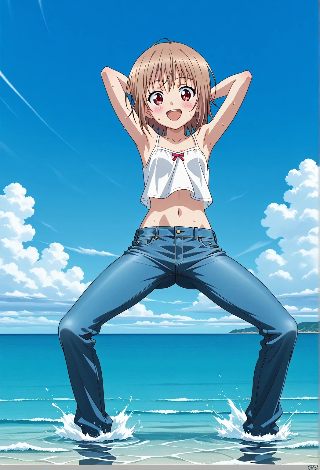 score_9, score_8_up, score_7_up, source_anime, highres, hi res, ((best quality, top quality, perfect quality, Highest Quality, amazing quality)), {{masterpiece}}, {{an extremely delicate and beautiful}}, 2d, intricate details, official style, anime, 8k, anime style, official_anime, official art, digital painting, cell shading, soft shading, high resolution, soothing tones, Subdued Color, Soft cinematic light, adobe lightroom, photolab, HDR, intricately and hyper-detailed, ((high quality animation)), 1 girl, Alone, solo, ((ocean)), tsunami, on the water, day, sunny, outdoors, sky, windy, AtraM1xt, short hair, brown hair, red eyes, anime screencap, small breasts, white camisole top, crop top, white crop top, best quality, hyper-detailed jeans, ((blue jeans:1.9)), (dark blue jeans:0.6), full medium body, medium shot, Open mouth, smiling, happy face, blush, sweat, standing, ((arms behind head:6.0)), bowlegged, jumping pose, action, looking at viewer, spread legs, Bend knees slightly, straight-on front view