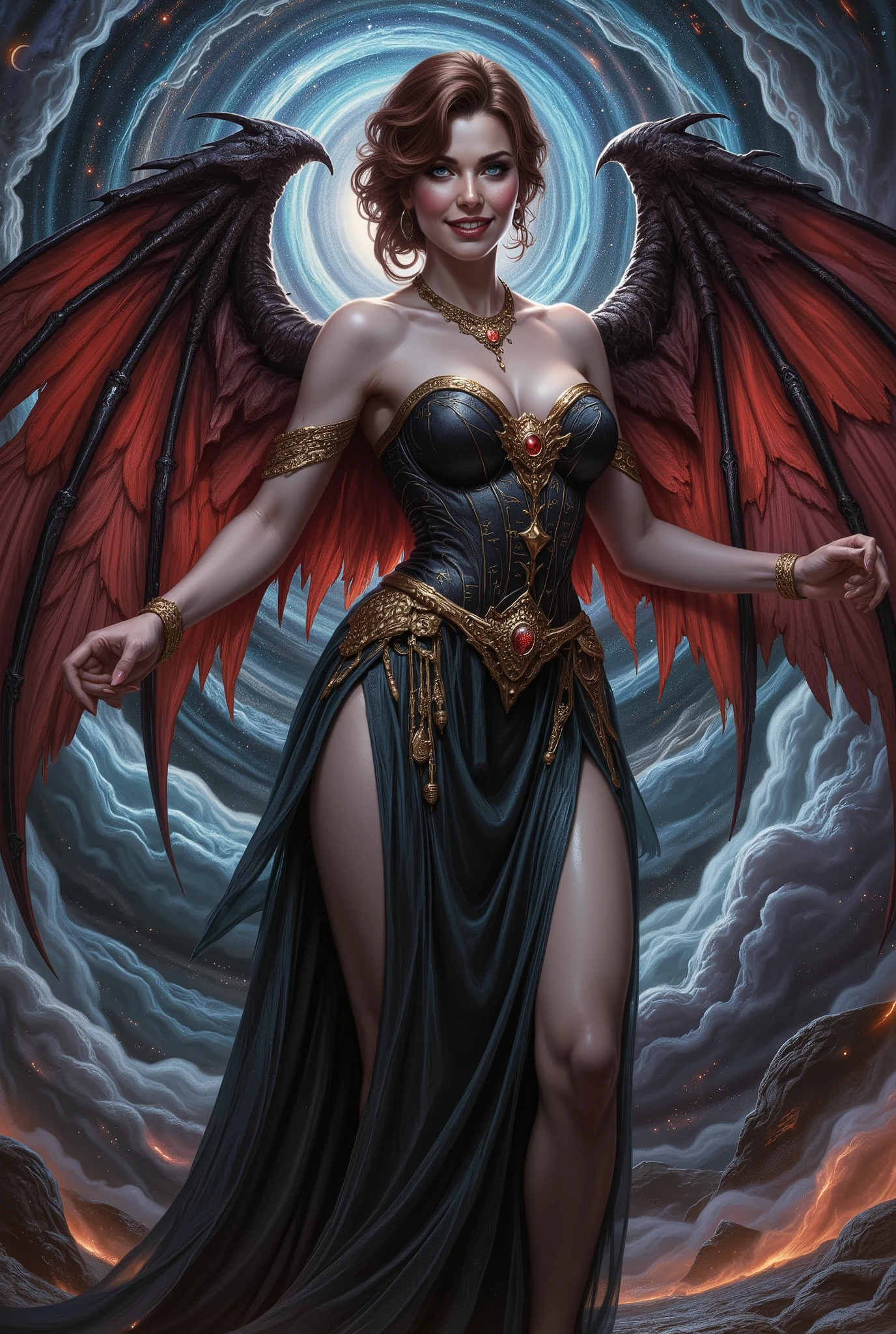   Dreamlike world deep shadows cinematic darkness
underexposed chiaroscuro atmospheric haze
low-key lighting. We find a captivating , pale skinned ravishingly beautiful goddess looking provocative and vibrant with alive, with a curvy physique, adorned in a black corset dress embroidered with sacred equations and esoteric symbols woven in shimmering gold thread, her diaphanous gown draping elegantly across her shoulders, standing tall amidst a breathtaking, star-studded celestial expanse, with majestic feathery red leather wings unfolding from her with shimmering scales. Her seraphic visage is crowned with wild, curly dark crimson hair, and a smoldering blue eyed gaze greets the viewer, in an eldritch manner she weaves an incantation and grins roguishly at the viewer in challenge. A large gold and ruby necklace shines like a beacon and radiates an otherworldly aura. Behind her, a titanic, cosmic maelstrom churns, as the universe itself bends to her will, with glimmering phantasmagoria and eerie cosmic forms surround her and behind. She unleashed the powers of nature and balance in a blast of  
magical energy
 rocks planet Earth in  a photorealistic style blending the dark, mystical elements of Gerald Brom's Gothic fantasy art, the vibrant, fantastical depth of Noah Bradley's dreamscapes, and the visionary, ethereal aesthetic of Andrew Gonzalez's cosmic landscapes, with meticulous attention to intricate details, believable texture, and atmosphere.