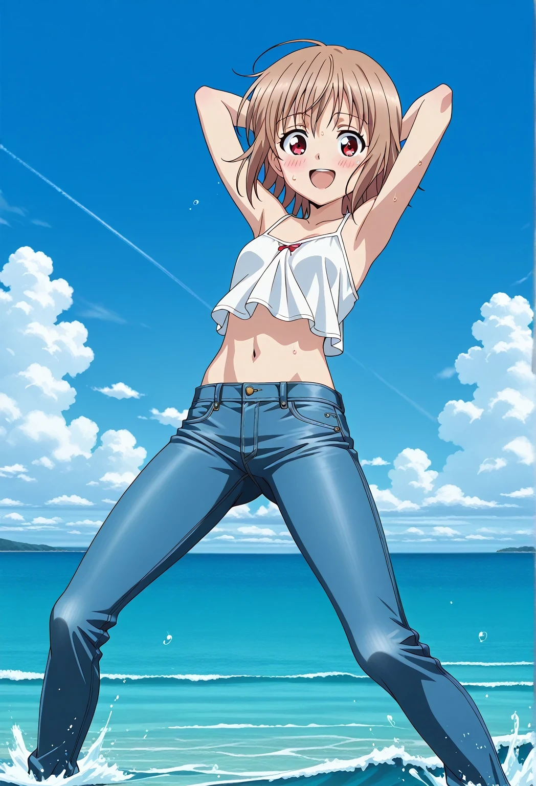 score_9, score_8_up, score_7_up, source_anime, highres, hi res, ((best quality, top quality, perfect quality, Highest Quality, amazing quality)), {{masterpiece}}, {{an extremely delicate and beautiful}}, 2d, intricate details, official style, anime, 8k, anime style, official_anime, official art, digital painting, cell shading, soft shading, high resolution, soothing tones, Subdued Color, Soft cinematic light, adobe lightroom, photolab, HDR, intricately and hyper-detailed, ((high quality animation)), 1 girl, Alone, solo, ((ocean)), tsunami, on the water, day, sunny, outdoors, sky, windy, AtraM1xt, short hair, brown hair, red eyes, anime screencap, small breasts, white camisole top, crop top, white crop top, best quality, hyper-detailed jeans, ((blue jeans:1.9)), (dark blue jeans:0.6), full medium body, medium shot, Open mouth, smiling, happy face, blush, sweat, standing, ((arms behind head:6.0)), bowlegged, jumping pose, action, looking at viewer, spread legs, Bend knees slightly, straight-on front view