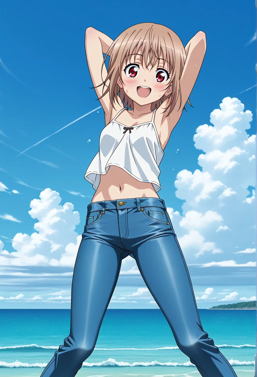 score_9, score_8_up, score_7_up, source_anime, highres, hi res, ((best quality, top quality, perfect quality, Highest Quality, amazing quality)), {{masterpiece}}, {{an extremely delicate and beautiful}}, 2d, intricate details, official style, anime, 8k, anime style, official_anime, official art, digital painting, cell shading, soft shading, high resolution, soothing tones, Subdued Color, Soft cinematic light, adobe lightroom, photolab, HDR, intricately and hyper-detailed, ((high quality animation)), 1 girl, Alone, solo, ((ocean)), tsunami, on the water, day, sunny, outdoors, sky, windy, AtraM1xt, short hair, brown hair, red eyes, anime screencap, small breasts, white camisole top, crop top, white crop top, best quality, hyper-detailed jeans, ((blue jeans:1.9)), (dark blue jeans:0.6), full medium body, medium shot, Open mouth, smiling, happy face, blush, sweat, standing, ((arms behind head:6.0)), bowlegged, jumping pose, action, looking at viewer, spread legs, Bend knees slightly, straight-on front view