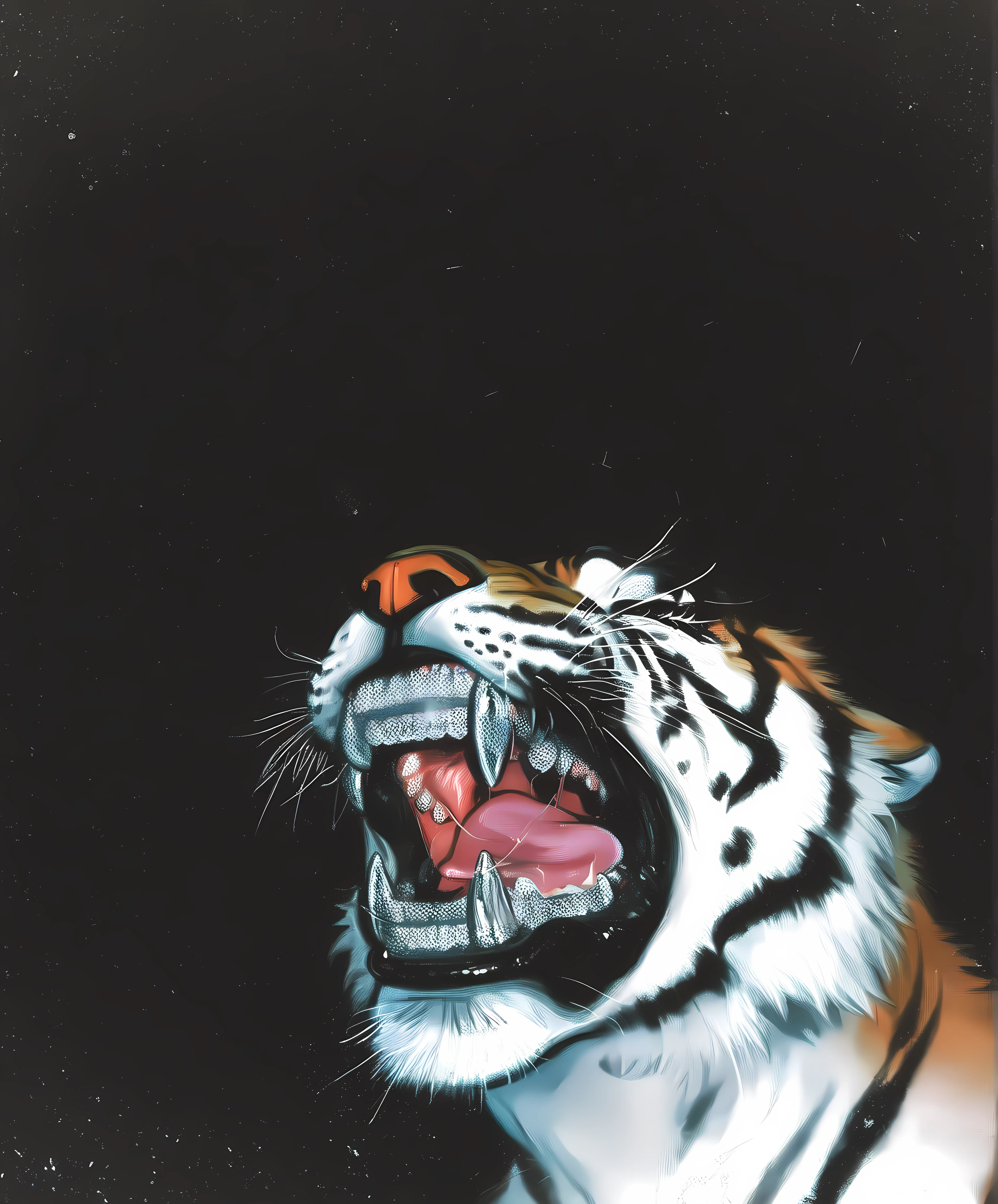 there is a tiger that is yawning its mouth open, ((tiger)), tiger_beast, tiger, tiger face, tiger head, a tiger, mouth open in a terrifying roar, by Jan Rustem, arca album cover, balck background, metal tooth, anodized tooth