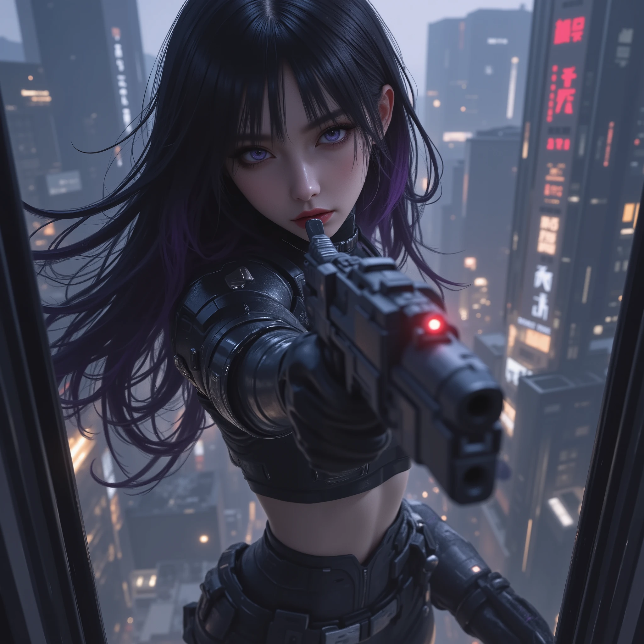 Photo Real、realistic skin texture、gun、extremely tight cyberpunk suit、beautiful long hair、dim cyberpunk city、Beautiful pale violet eyes、Black hair with slightly purple tips、高所から地面に着地してgunを向けて、