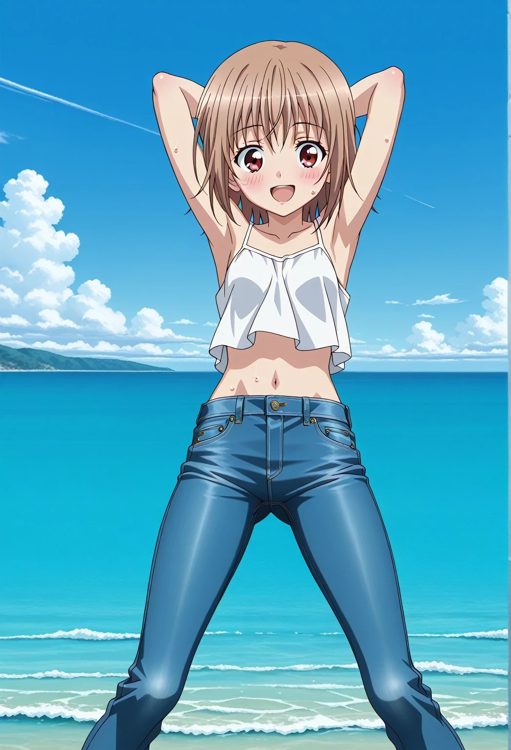 score_9, score_8_up, score_7_up, source_anime, highres, hi res, ((best quality, top quality, perfect quality, Highest Quality, amazing quality)), {{masterpiece}}, {{an extremely delicate and beautiful}}, 2d, intricate details, official style, anime, 8k, anime style, official_anime, official art, digital painting, cell shading, soft shading, high resolution, soothing tones, Subdued Color, Soft cinematic light, adobe lightroom, photolab, HDR, intricately and hyper-detailed, ((high quality animation)), 1 girl, Alone, solo, ((ocean)), tsunami, on the water, day, sunny, outdoors, sky, windy, AtraM1xt, short hair, brown hair, red eyes, anime screencap, small breasts, white camisole top, crop top, white crop top, best quality, hyper-detailed jeans, ((blue jeans:1.9)), (dark blue jeans:0.6), full medium body, medium shot, Open mouth, smiling, happy face, blush, sweat, standing, ((arms behind head:6.0)), bowlegged, jumping pose, action, looking at viewer, spread legs, Bend knees slightly, straight-on front view