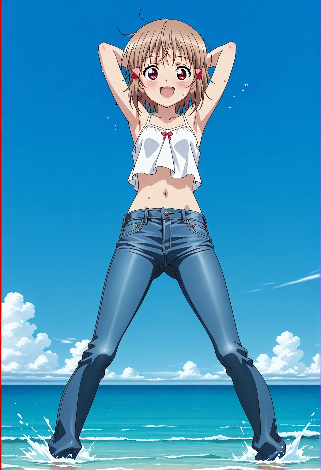 score_9, score_8_up, score_7_up, source_anime, highres, hi res, ((best quality, top quality, perfect quality, Highest Quality, amazing quality)), {{masterpiece}}, {{an extremely delicate and beautiful}}, 2d, intricate details, official style, anime, 8k, anime style, official_anime, official art, digital painting, cell shading, soft shading, high resolution, soothing tones, Subdued Color, Soft cinematic light, adobe lightroom, photolab, HDR, intricately and hyper-detailed, ((high quality animation)), 1 girl, Alone, solo, ((ocean)), tsunami, on the water, day, sunny, outdoors, sky, windy, AtraM1xt, short hair, brown hair, red eyes, anime screencap, small breasts, white camisole top, crop top, white crop top, best quality, hyper-detailed jeans, ((blue jeans:1.9)), (dark blue jeans:0.6), full medium body, medium shot, Open mouth, smiling, happy face, blush, sweat, standing, ((arms behind head:6.0)), bowlegged, jumping pose, action, looking at viewer, spread legs, Bend knees slightly, straight-on front view