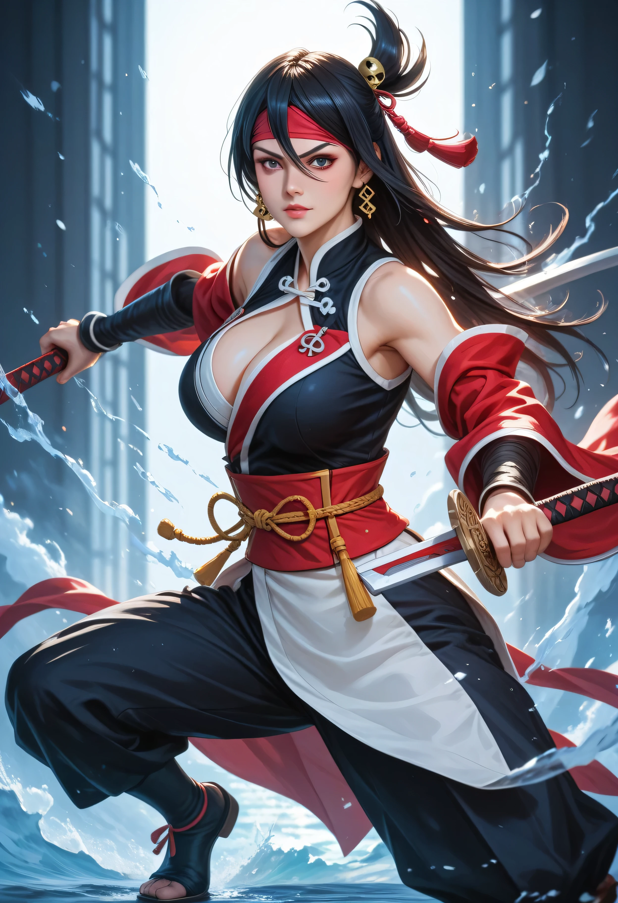 weapon, holding sword, battoujutsu, battoujutsu stance, ready to draw, sheathed, unsheathing, scabbard,, high resolution,  anatomy ,  Best quality,  high detail,  Ultra high definition, 18 year old girl,  looks at the viewer ,voluptuous Beidou with revealing pirate outfit and large breasts, sexy combat stance, countering Abyss Herald's water attack, stormy ocean backdrop, electric elemental effects, dynamic action, detailed fantasy anime art, dramatic lighting, intense expression, cinematic composition, full body, 
