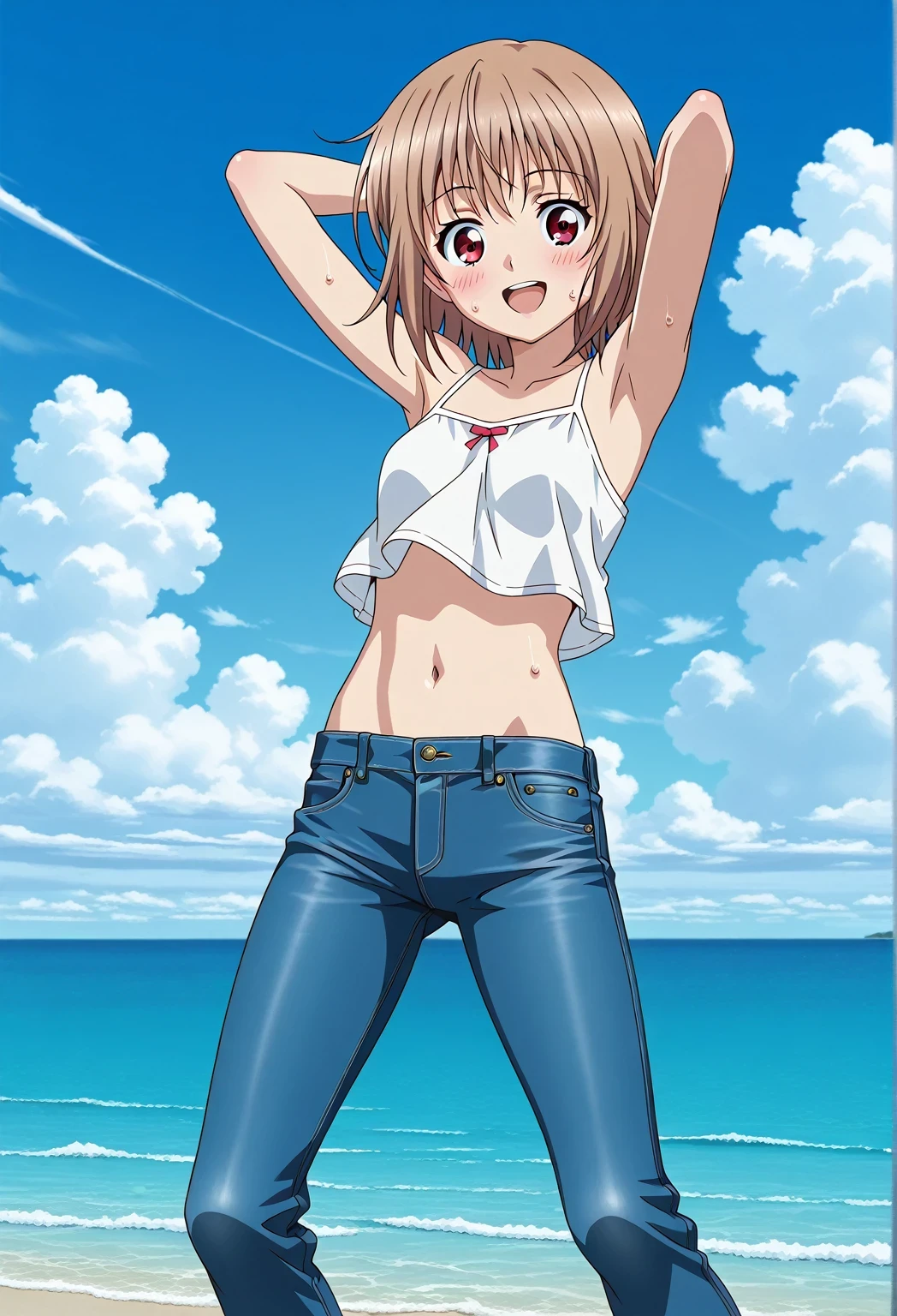 score_9, score_8_up, score_7_up, source_anime, highres, hi res, ((best quality, top quality, perfect quality, Highest Quality, amazing quality)), {{masterpiece}}, {{an extremely delicate and beautiful}}, 2d, intricate details, official style, anime, 8k, anime style, official_anime, official art, digital painting, cell shading, soft shading, high resolution, soothing tones, Subdued Color, Soft cinematic light, adobe lightroom, photolab, HDR, intricately and hyper-detailed, ((high quality animation)), 1 girl, Alone, solo, ((ocean)), tsunami, on the water, day, sunny, outdoors, sky, windy, AtraM1xt, short hair, brown hair, red eyes, anime screencap, small breasts, white camisole top, crop top, white crop top, best quality, hyper-detailed jeans, ((blue jeans:1.9)), (dark blue jeans:0.6), full medium body, medium shot, Open mouth, smiling, happy face, blush, sweat, standing, ((arms behind head:6.0)), bowlegged, jumping pose, action, looking at viewer, spread legs, Bend knees slightly, straight-on front view
