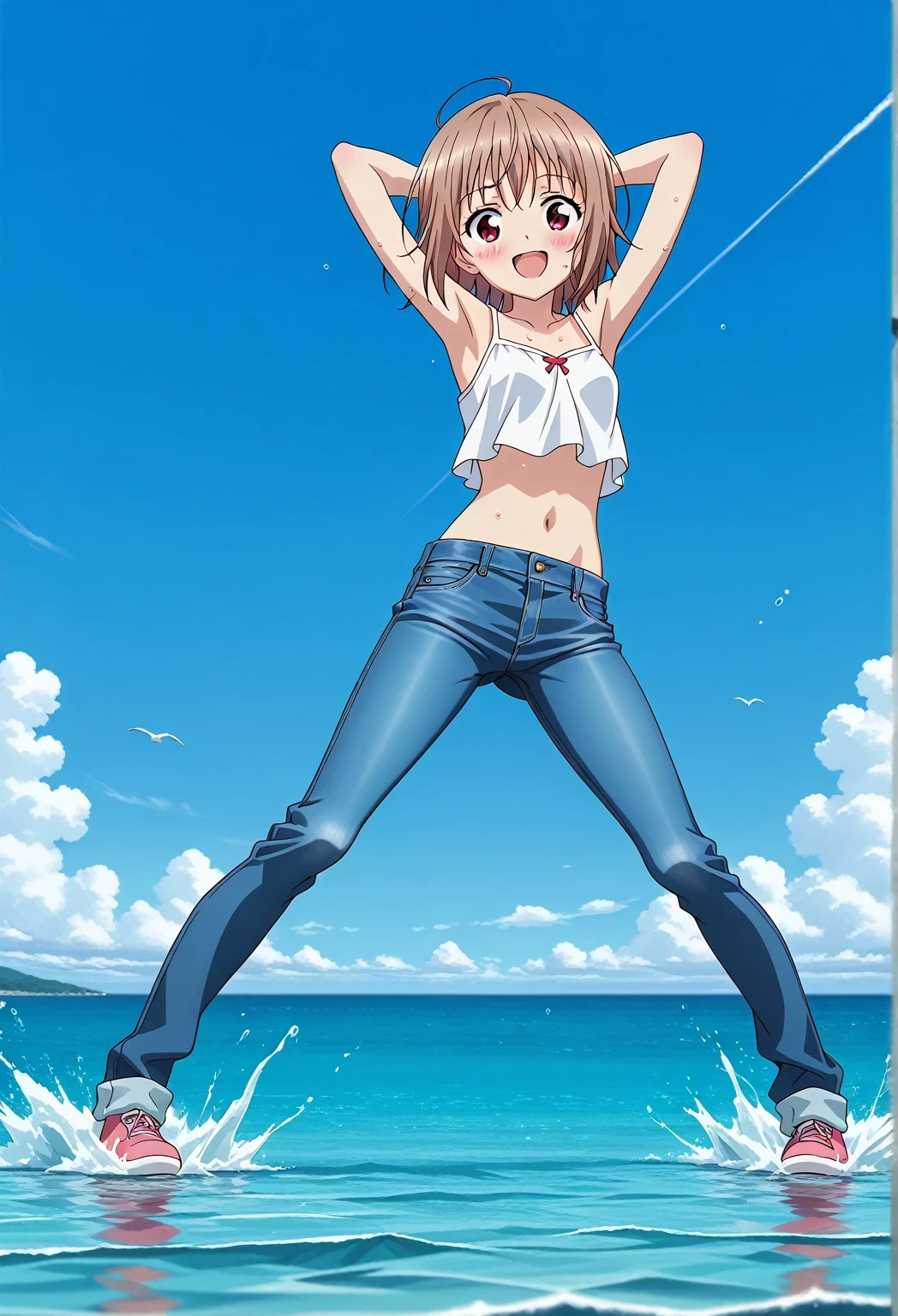 score_9, score_8_up, score_7_up, source_anime, highres, hi res, ((best quality, top quality, perfect quality, Highest Quality, amazing quality)), {{masterpiece}}, {{an extremely delicate and beautiful}}, 2d, intricate details, official style, anime, 8k, anime style, official_anime, official art, digital painting, cell shading, soft shading, high resolution, soothing tones, Subdued Color, Soft cinematic light, adobe lightroom, photolab, HDR, intricately and hyper-detailed, ((high quality animation)), 1 girl, Alone, solo, ((ocean)), tsunami, on the water, day, sunny, outdoors, sky, windy, AtraM1xt, short hair, brown hair, red eyes, anime screencap, small breasts, white camisole top, crop top, white crop top, best quality, hyper-detailed jeans, ((blue jeans:1.9)), (dark blue jeans:0.6), full medium body, medium shot, Open mouth, smiling, happy face, blush, sweat, standing, ((arms behind head:6.0)), bowlegged, jumping pose, action, looking at viewer, spread legs, Bend knees slightly, straight-on front view