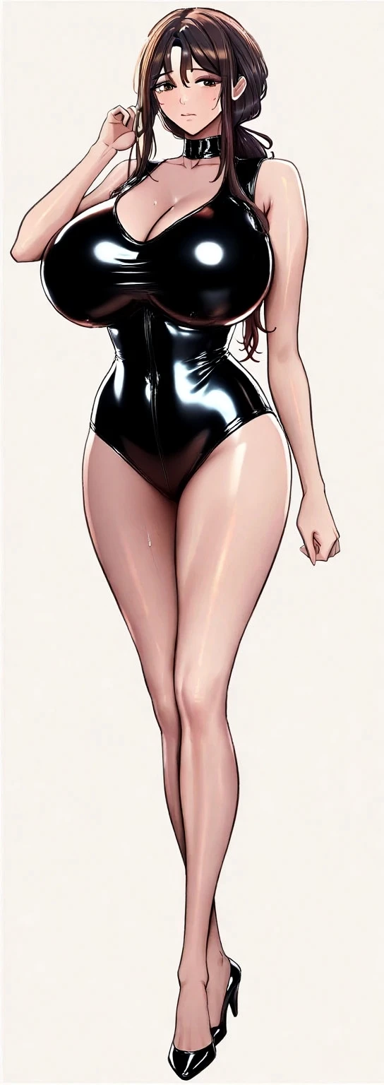 (Best quality, 8k, 32k, Masterpiece, UHD:1.2),Photo of Pretty woman, ((1 girl)), ((solo)) embodiment on chess queen, chess theme, white and black attire,(medium-short dark brown hair), double eyelid, ,  cleavage, dressed in queen chess piece attire, high heels, standing on chessboard, look at viewer, faint smile, from below