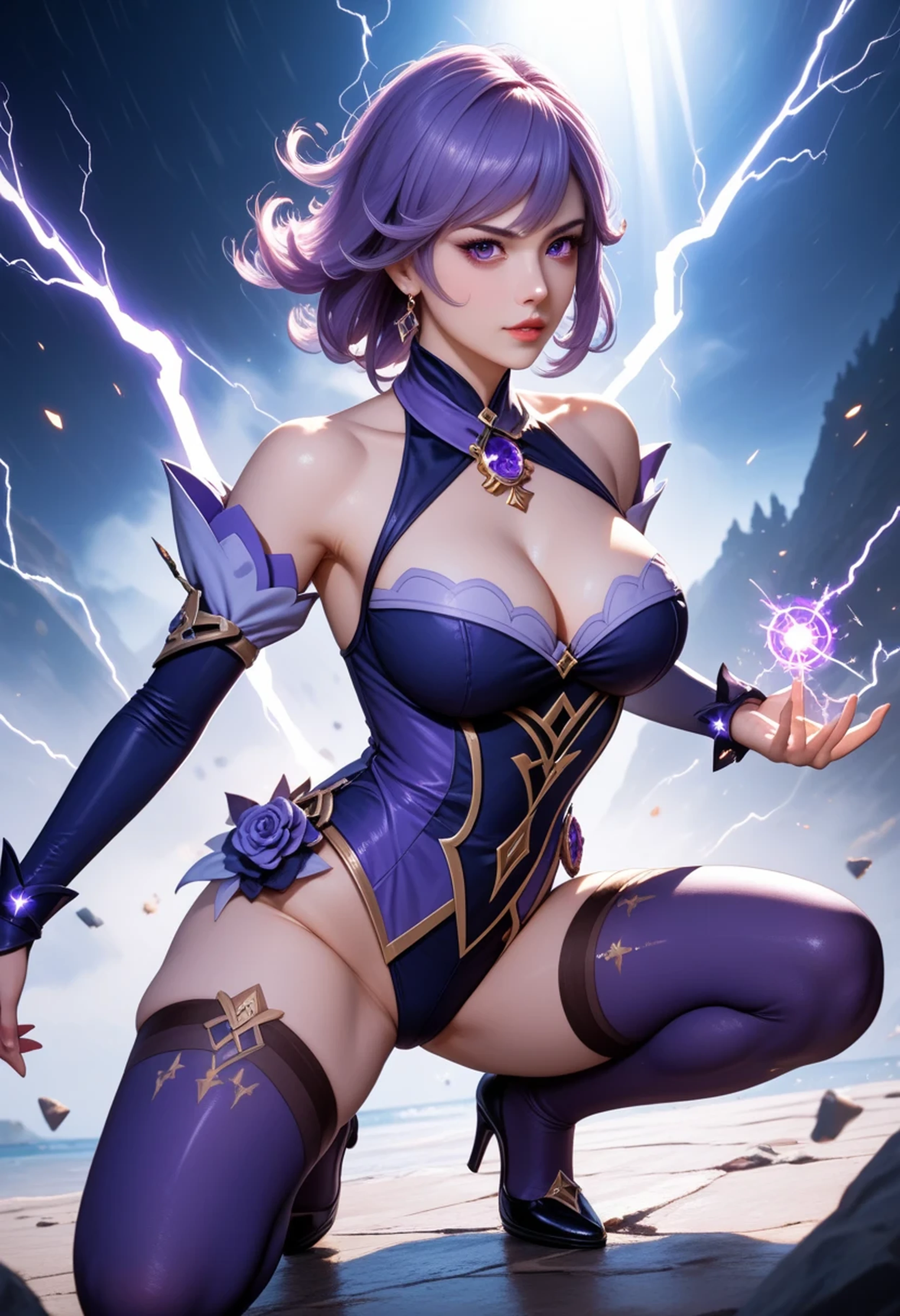 full body photo, stance, busty Lisa from Genshin Impact with revealing electro-themed outfit, sexy expression, casting powerful lightning spell against Abyss Order forces, purple magical effects, dramatic angle, high detail anime rendering, sensual pose, fantasy battle scene, stormy ocean backdrop, electric elemental effects, dynamic action, detailed fantasy anime art, dramatic lighting, intense expression, cinematic composition, full body,