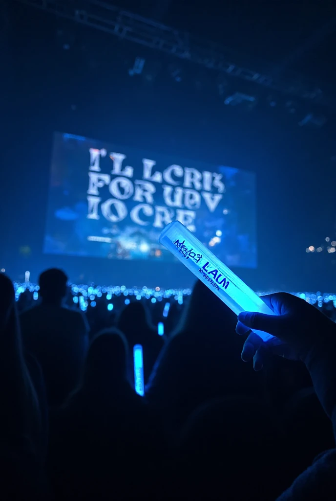 help me generate a picture:Live concert scene。perspective is on the left and right sides of the audience，The glow stick is engraved with “Luffy” and doesn't block the big screen，, a large number of light blue light sticks flashing in the audience seat，to form a sea of lights。The large screen above the stage shows the words “I'll definitely find one piece” arranged in a consistent manner。The light stick is engraved with “Son Goku”，The text “Wait for me, Red Hair”，The large screen shows the image of the person in the photo，The stage equipment is vaguely visible，First perspective，holding a blue glow stick on the right hand，the text can't be blocked by anything，, the viewing angle is the left and right sides of the audience seat，Overall dark，The overall feeling is real。Scale 3: 4。