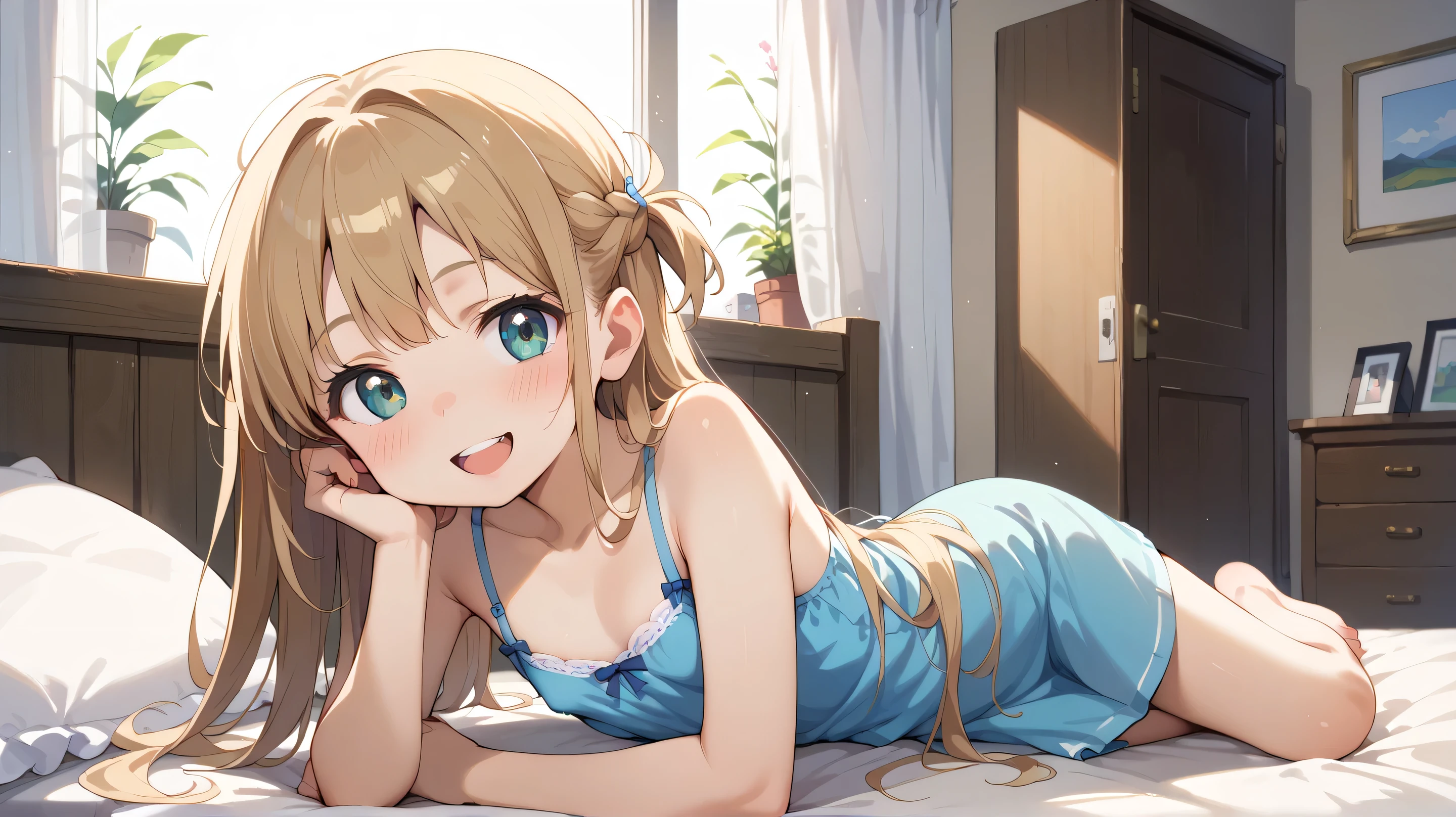 ((TOP QUALITY)), ((masterpiece)), (be familiar with),  perfect face, indoors, bedroom, watching viewers,
One woman,  Yuchi Aomigana,
 open mouth, ecstatic expression, blush, smile,
 small ,  flat , Young girl,  lori,  ,  girl,
 long hair, long hair,
 open,