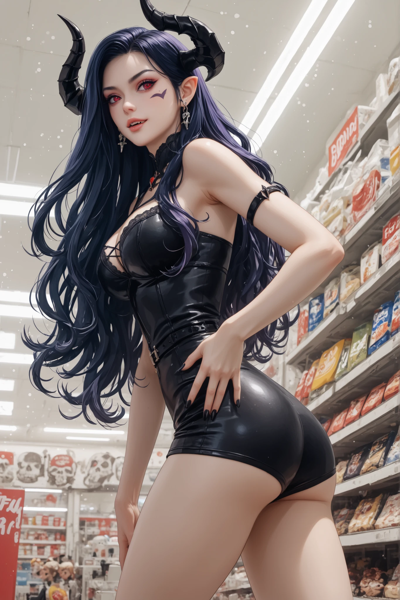 Caera Denoir, 1girl, solo,dark blue hair, long hair, intricate demon horns, red eyes,,Japanese convenience store in Hell, black horns, purple eyes, earrings, pointy ears, purple hair, red eyes, fangs, facial mark,(obra-prima:1.2),DEMON WOMAN STANDING, chifre negros, sexy black clothes,  beautiful demon woman choosing a skull in a freezer filled with other colored skulls, cinematic lighting, soft blur effect, particles of vapor and ambient light,  (19 anos de idade), (Seios pequenos), (long flowing hair, franja), (hair falling softly around the shoulders),  figura esguia, shapely thighs and round buttocks, detalhes do rosto, roupas justas, Cintura fina, cara do mal, garota sexy, taken at a low angle from the front, (photoRealista:1.4)