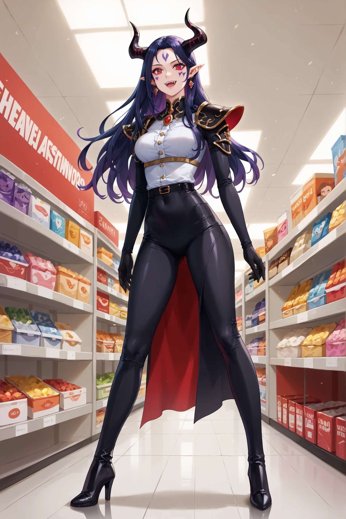 tight white blouse with golden buttons, , high-waisted black fitted pants, black gloves, black high-heeled boots, gothic armored shoulder pad,Caera Denoir, 1girl, solo,dark blue hair, long hair, intricate demon horns, red eyes,,Japanese convenience store in Hell, black horns, purple eyes, earrings, pointy ears, purple hair, red eyes, fangs, facial mark,(obra-prima:1.2),DEMON WOMAN STANDING, chifre negros, sexy black clothes,  beautiful demon woman choosing a skull in a freezer filled with other colored skulls, cinematic lighting, soft blur effect, particles of vapor and ambient light,  (19 anos de idade), (Seios pequenos), (long flowing hair, franja), (hair falling softly around the shoulders),  figura esguia, shapely thighs and round buttocks, detalhes do rosto, roupas justas, Cintura fina, cara do mal, garota sexy, taken at a low angle from the front, (photoRealista:1.4)