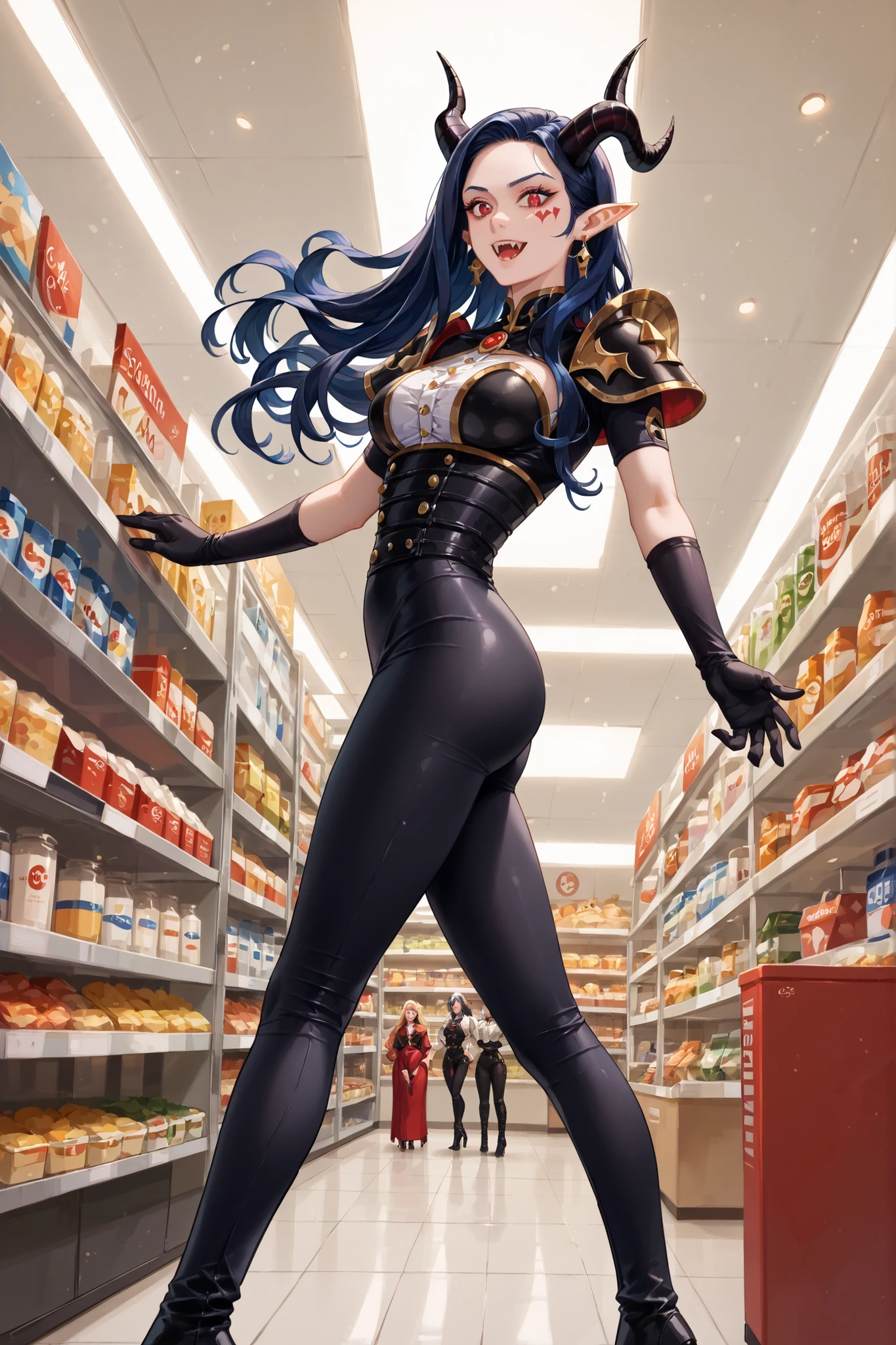 tight white blouse with golden buttons, high-waisted black fitted pants, black gloves, black high-heeled boots, gothic armored shoulder pad, Caera Denoir, 1girl, solo,dark blue hair, long hair, intricate demon horns, red eyes,Japanese convenience store in Hell, black horns,  earrings, pointy ears, red eyes, fangs, facial mark,(obra-prima:1.2),woman choosing a skull in a freezer filled with other colored skulls, chifre negros, sexy black clothes,  beautiful demon  cinematic lighting, soft blur effect, particles of vapor and ambient light,  (19 anos de idade), (Seios pequenos), (long flowing hair, franja), (hair falling softly around the shoulders),  figura esguia, shapely thighs and round buttocks, detalhes do rosto, roupas justas, Cintura fina, cara do mal, garota sexy, taken at a low angle from the front, (photoRealista:1.4)