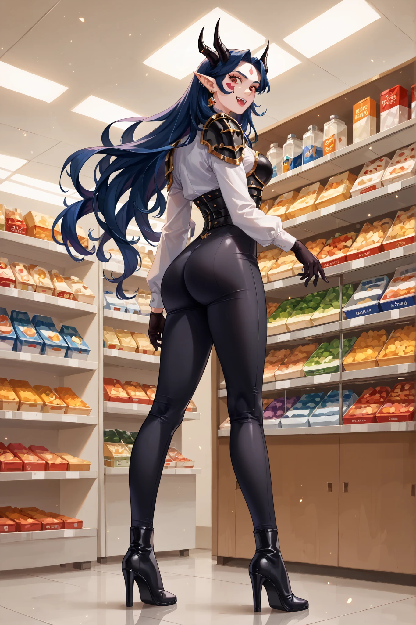 tight white blouse with golden buttons, high-waisted black fitted pants, black gloves, black high-heeled boots, gothic armored shoulder pad, Caera Denoir, 1girl, solo,dark blue hair, long hair, intricate demon horns, red eyes,Japanese convenience store in Hell, black horns,  earrings, pointy ears, red eyes, fangs, facial mark,(obra-prima:1.2),woman choosing a skull in a freezer filled with other colored skulls, chifre negros, sexy black clothes,  beautiful demon  cinematic lighting, soft blur effect, particles of vapor and ambient light,  (19 anos de idade), (Seios pequenos), (long flowing hair, franja), (hair falling softly around the shoulders),  figura esguia, shapely thighs and round buttocks, detalhes do rosto, roupas justas, Cintura fina, cara do mal, garota sexy, taken at a low angle from the front, (photoRealista:1.4)