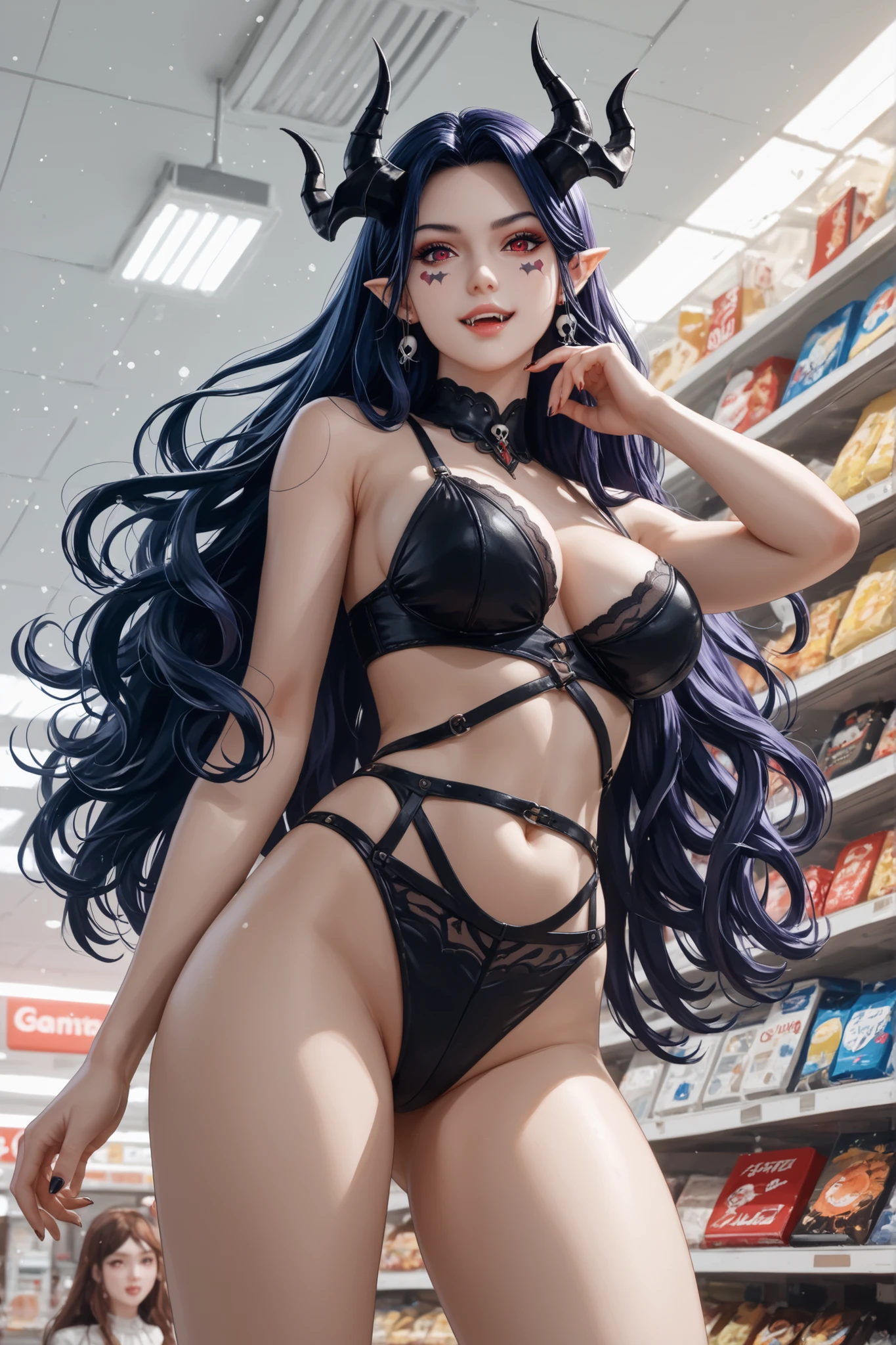 Caera Denoir, 1girl, solo,dark blue hair, long hair, intricate demon horns, red eyes,,Japanese convenience store in Hell, black horns, purple eyes, earrings, pointy ears, purple hair, red eyes, fangs, facial mark,(obra-prima:1.2),DEMON WOMAN STANDING, chifre negros, sexy black clothes,  beautiful demon woman choosing a skull in a freezer filled with other colored skulls, cinematographic lighting, soft blur effect, particles of vapor and ambient light,  (19 anos de idade), (Seios pequenos), (long flowing hair, franja), (hair falling softly around the shoulders),  figura esguia, shapely thighs and round buttocks, detalhes do rosto, roupas justas, Cintura fina, cara do mal, garota sexy, taken at a low angle from the front, (photoRealista:1.4)