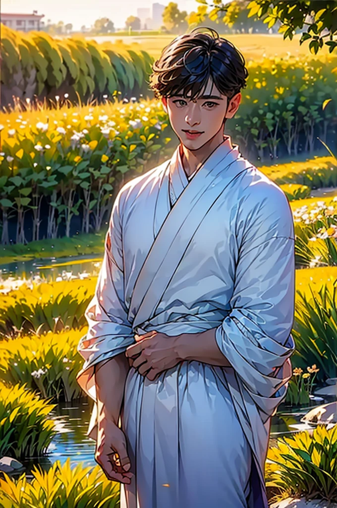 (in 8K、top-quality、​masterpiece:1.2)、1 boy、short-haired、Hair short、Brown-skinned、Purple View、