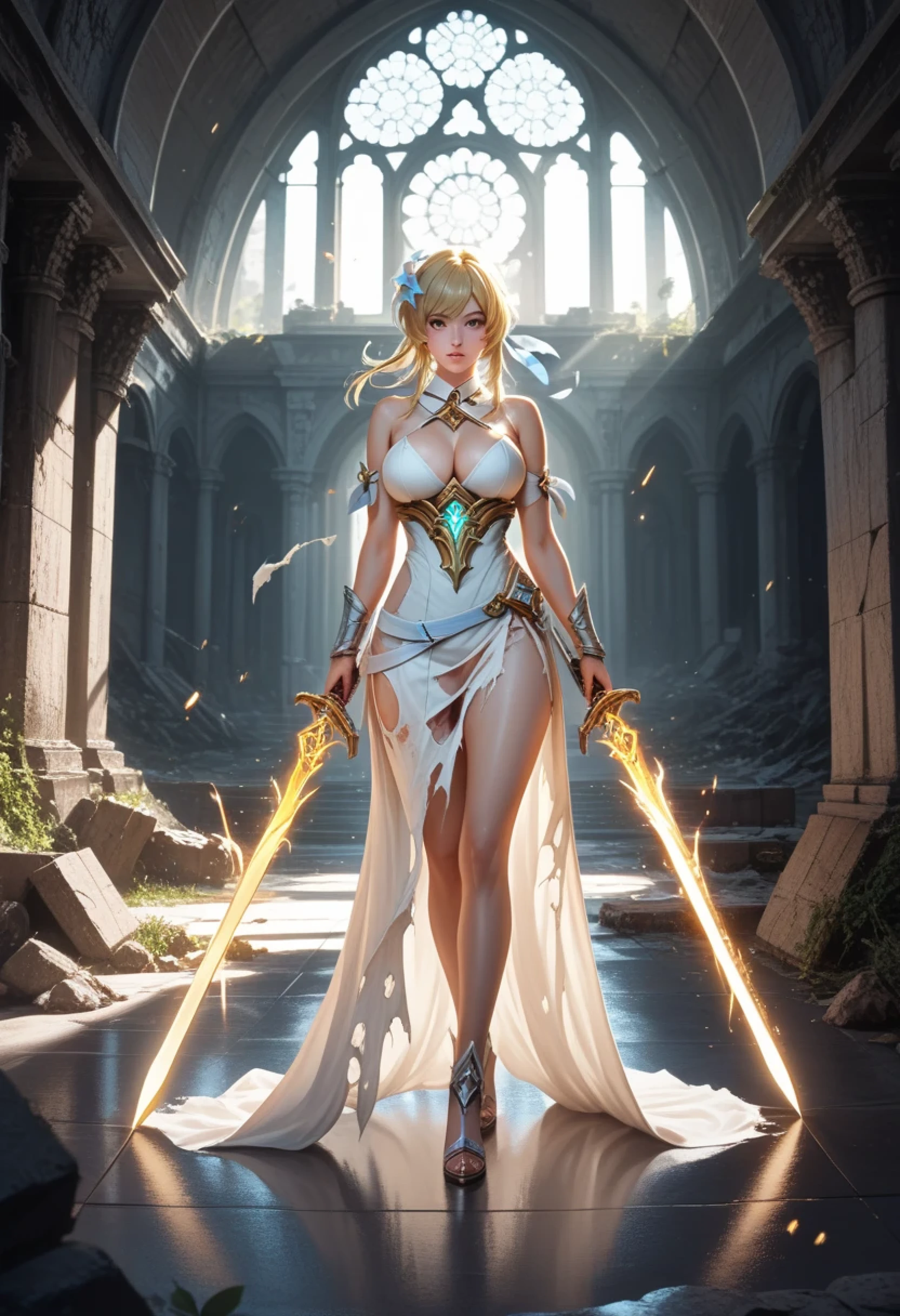 full body photo, stance, Lumine with voluptuous figure and big breasts in torn battle dress, sexy pose, wielding golden light sword against Abyss Herald, ruins of Khaenri'ah, golden energy swirls, dramatic lighting, intense combat scene, detailed anime style, sibling confrontation theme, magical effects, detailed fantasy anime art, dramatic lighting, intense expression, cinematic composition, full body,