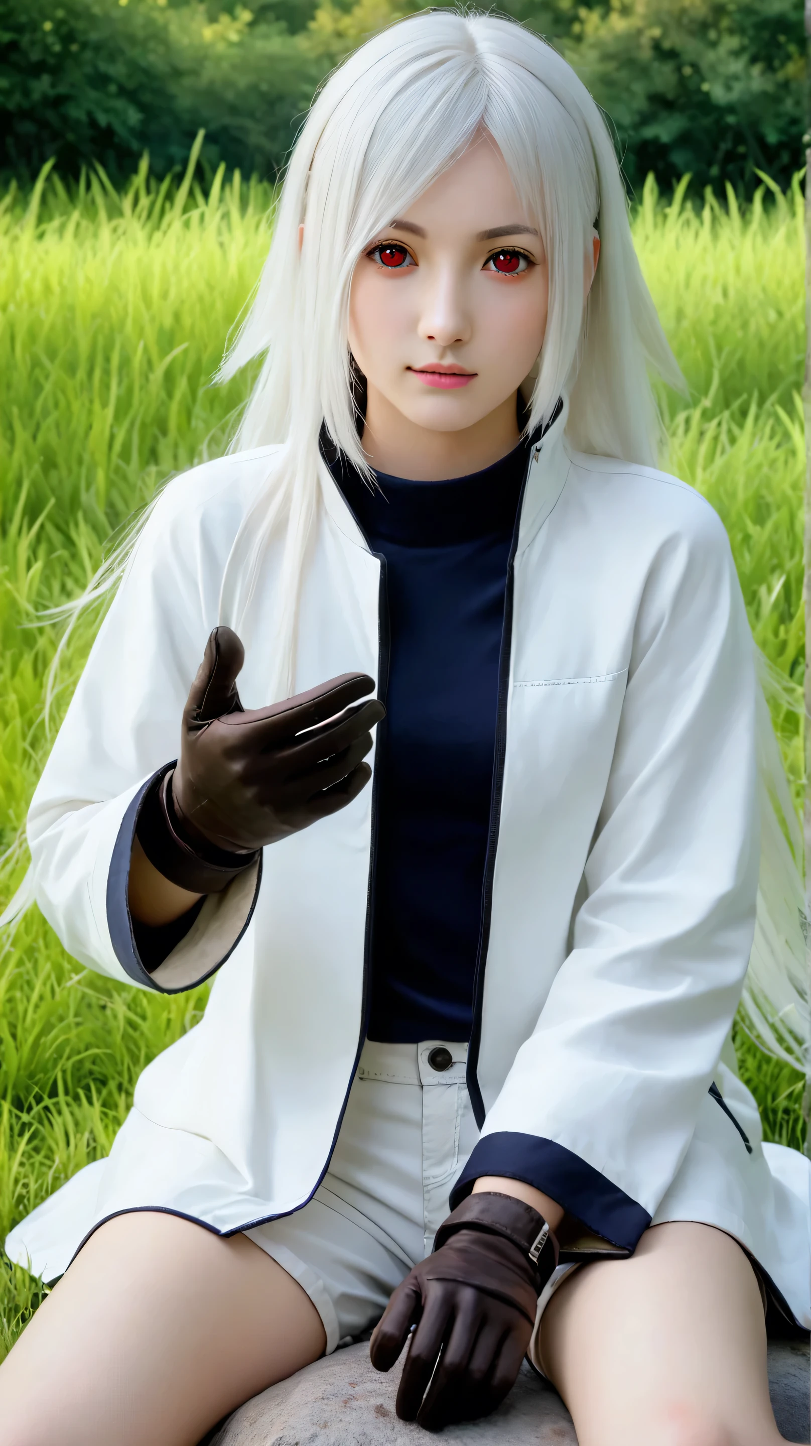 Masterpiece, best quality, 8k, ultra high resolution, photorealistic, cinematic composition.1girl, solo,hikari uchiha,white hair,(long hair:1.4),outdoors,potrait,small breast,red eyes,(sitting on stone:1.5),(front view), looking at viewer,(grass field background:1.5),close up,black glove,white coat,hair between eyes,white short pants