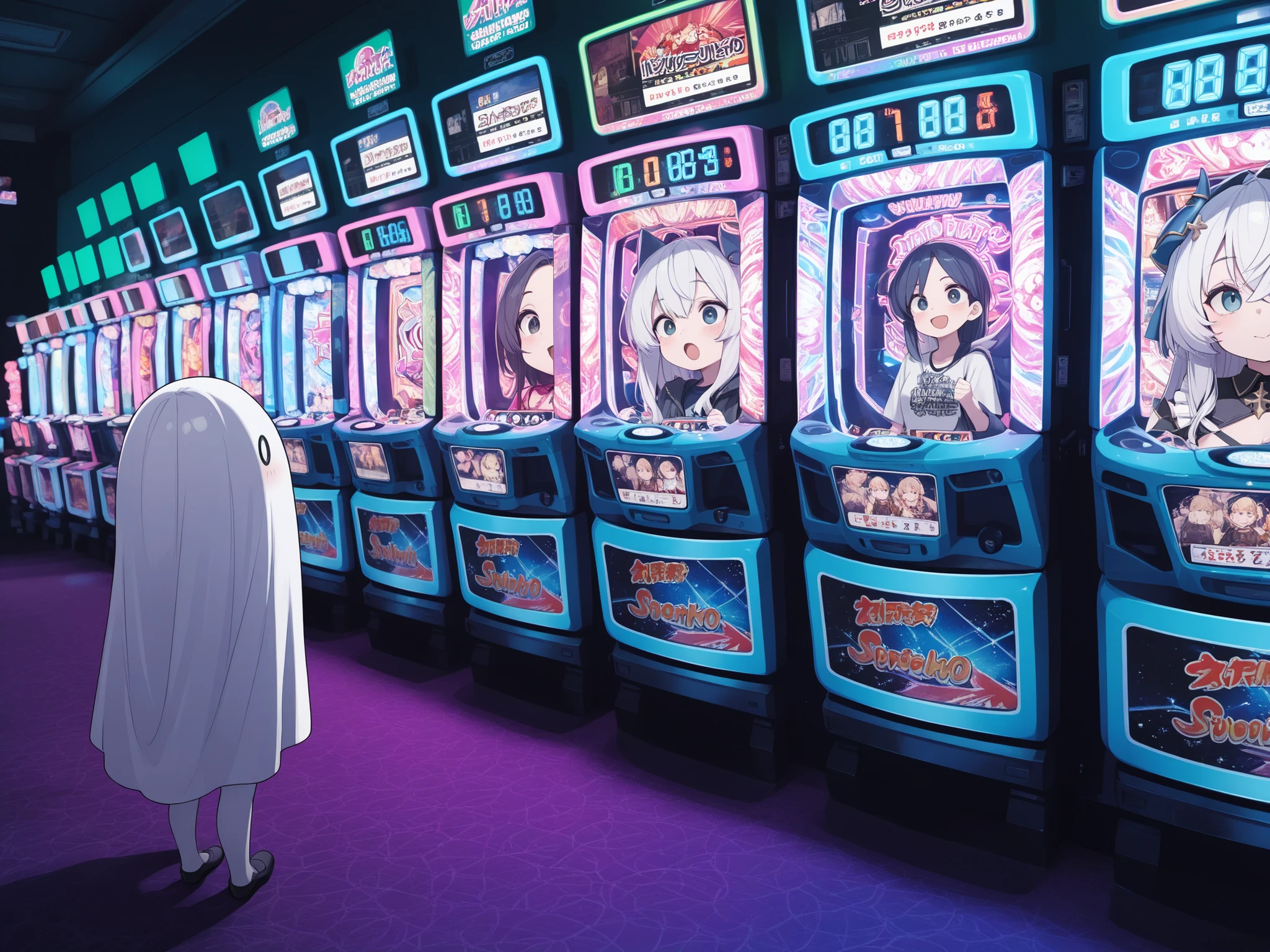 masterpiece,Highest Quality,high resolution,super detailed,8K,Shirogane Ratio,2 girls,Pale Ghost,cute face of doubt,hiding in the bushes outside of a late-night pachinko parlor、neon lights,watching