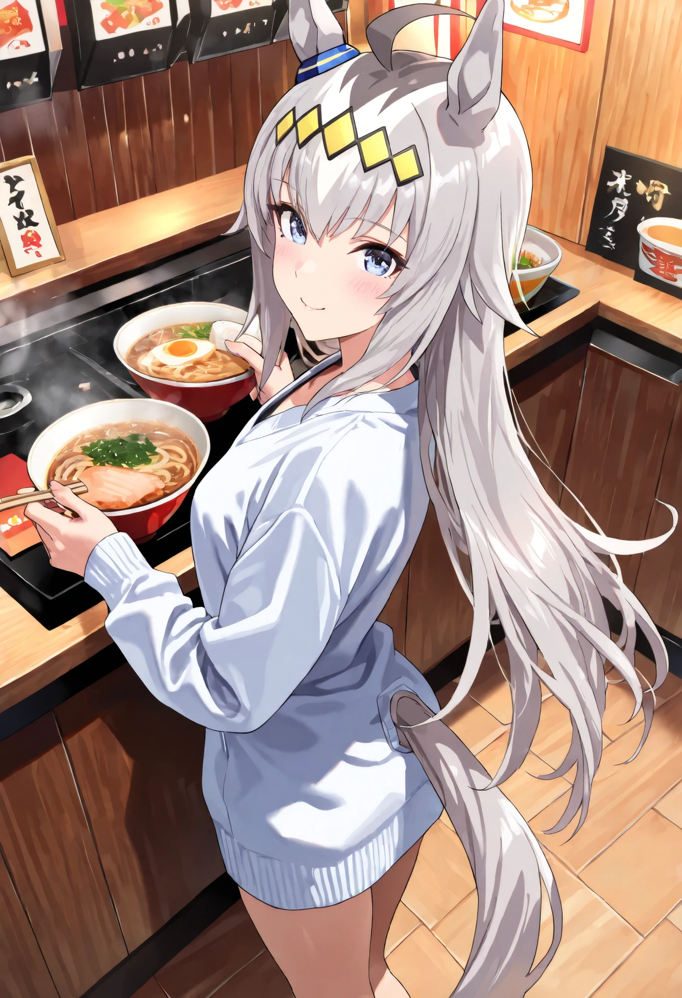 (masterpiece, best quality, perfect face:1.4), wide angle, oguri cap \(umamusume\), 1girl, blue eyes, multicolored hair, long hair, grey hair, ahoge, hair ornament, horse ears, horse tail, tail on the lower back, proportional body, proportional, beautiful hair, beautiful face, beautiful detailed eyes, beautiful clavicle, beautiful body, beautiful chest, beautiful thigh, beautiful legs, beautiful fingers, looking at viewer, BREAK, interior of a ramen shop at night, is eating ramen, Heavy makeup, calm expression, posture eating ramen, warm lighting inside the store, Japanese Style Interior Decor, wood grain design on the wall, table and chairs, Ramen bowl ,Steam standing up, BREAK, blush smile, textured skin, realistic skin, HDR, BREAK, good hands