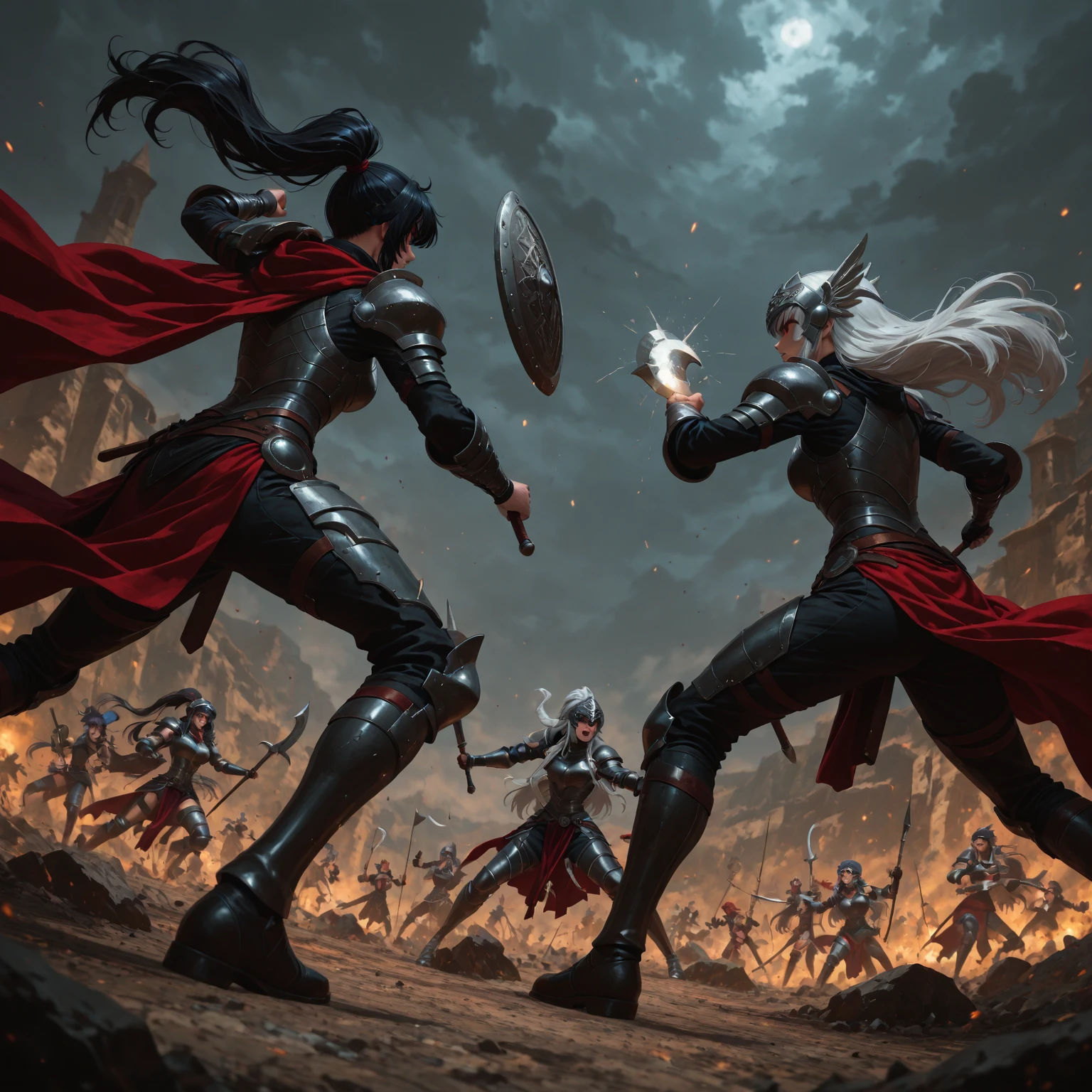 ((Best Quality)), ((Masterpiece)), ((Realistic Digital Art)), (Ultra Detailed), DonMR0s30rd3r Mythological Landscape Hiking Trail, Pink Valley, Dawn, Swamp Birds, Octane Rendering, Ray Tracing, Volumetric Lighting, Backlighting, Rim Lighting, Blue Land, 8K, HDR, (Masterpiece, Best Quality) (Young Female Warrior of Norse Descent), (Brown Eyes), (Muscular), (Leather Skirt), (Short Skirt) (Blue Hair), (Loose Hair with Braids on Scalp), (Belt Top) Feathers, Cape, bufas, (Blue, Grey and Brown Suit), (Volcano), (Energy Elements), (Aura), (Then), (Particles and Harmony), Swinging Swords with Both Hands, Enjoying the Battle