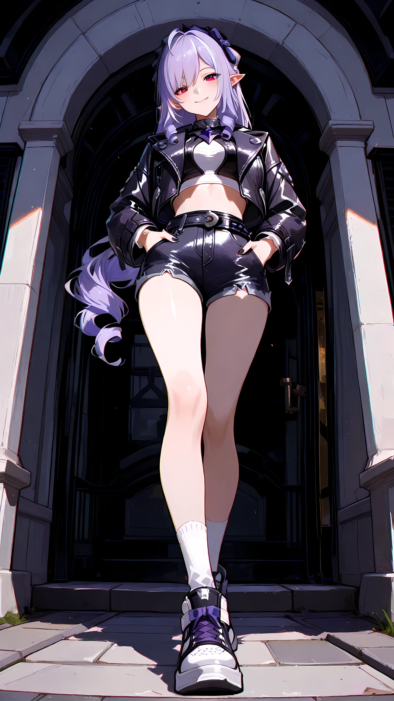 (masterpiece, detailed:1.2),748cmstyle,vivian (zenless zone zero), red eyes, mole, mole under eye, purple hair, very long hair, drill hair, ponytail, ahoge, pointy ears, two-tone hairband, black hairband, purple hairband, purple hair bow, black nails, fingernails, nail polish. Wearing crop top, baggy leather jacket, short pants, white socks, sneaker shoes. In the town square, warm smile, hand in pocket, walking on sidewalk pavement, looking at viewer, afternoon, view from below, cinematic light, god-ray effect, eyes focus, detailed eyes, chromatic effect, chromatic ambient 2.5, chromatic vignette 2.5, chromatic aberration 2.5, high res, best quality, by Pixiv, arts station, official zenless zone zero style.