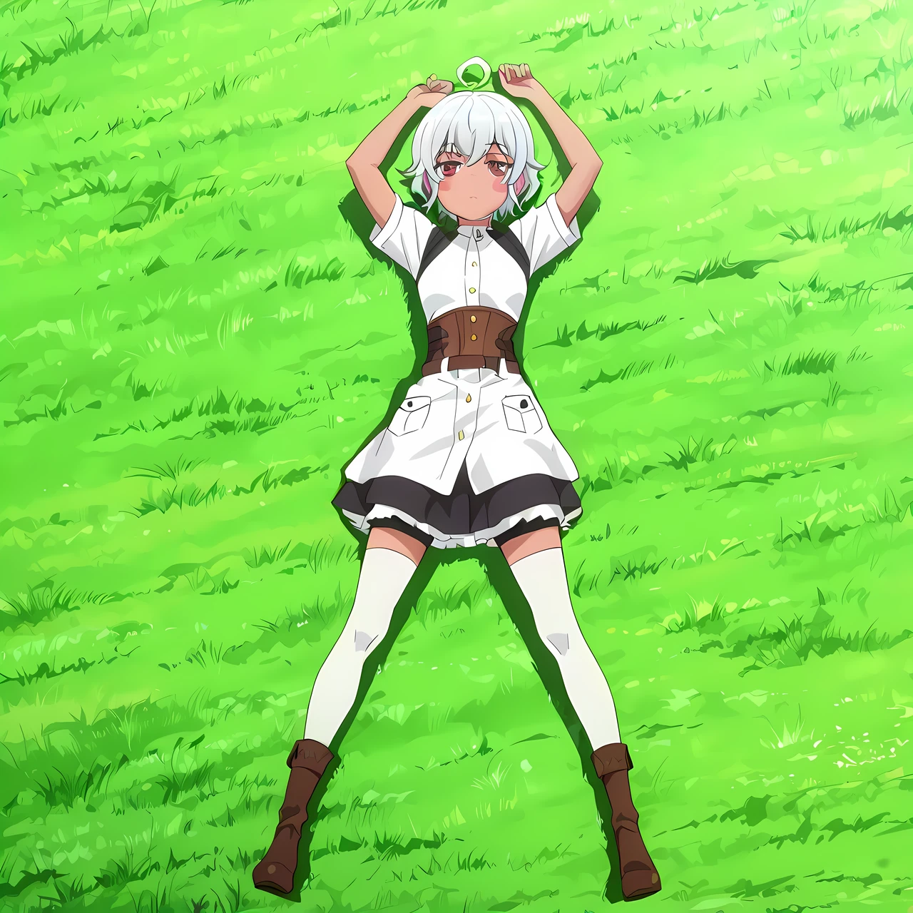 eris-mlf, red eyes, blush stickers, short hair, ahoge, dark-skinned female, white hair, aqua-kuzunoha-outfit, skirt, zettai ryouiki, shorts under skirt, anime screencap, high quality, solo, lying, on back, arms up, legs apart, closed mouth, grass, full body, looking at viewer, overhead view, expressionless, best quality,